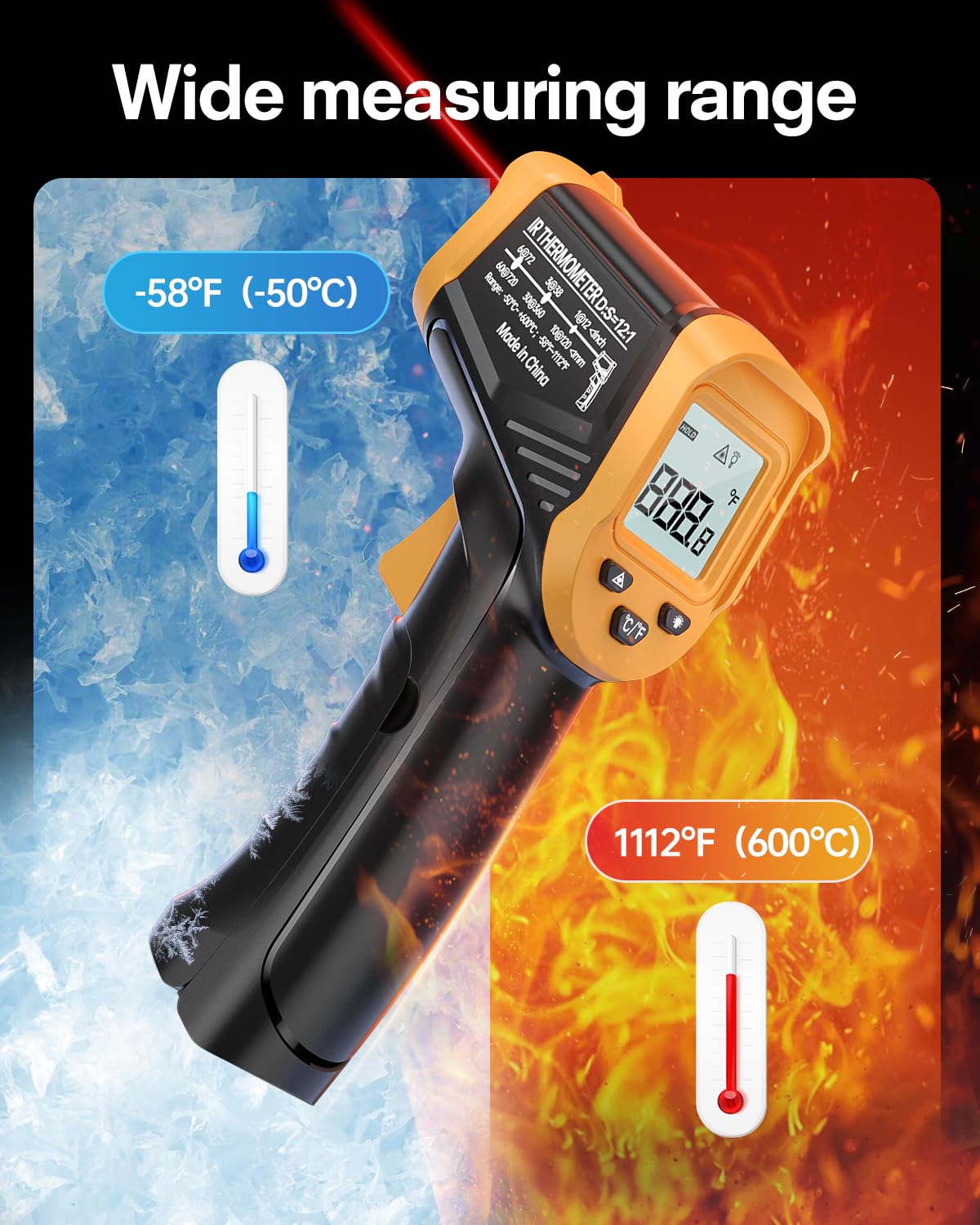 Eventek Infrared Thermometer, -50°C ~ 600°C temperature measurement device digital infrared thermometer with max/min, laser thermometer with 304 meat thermometer, for kitchen, pizza oven, oven, not for humans