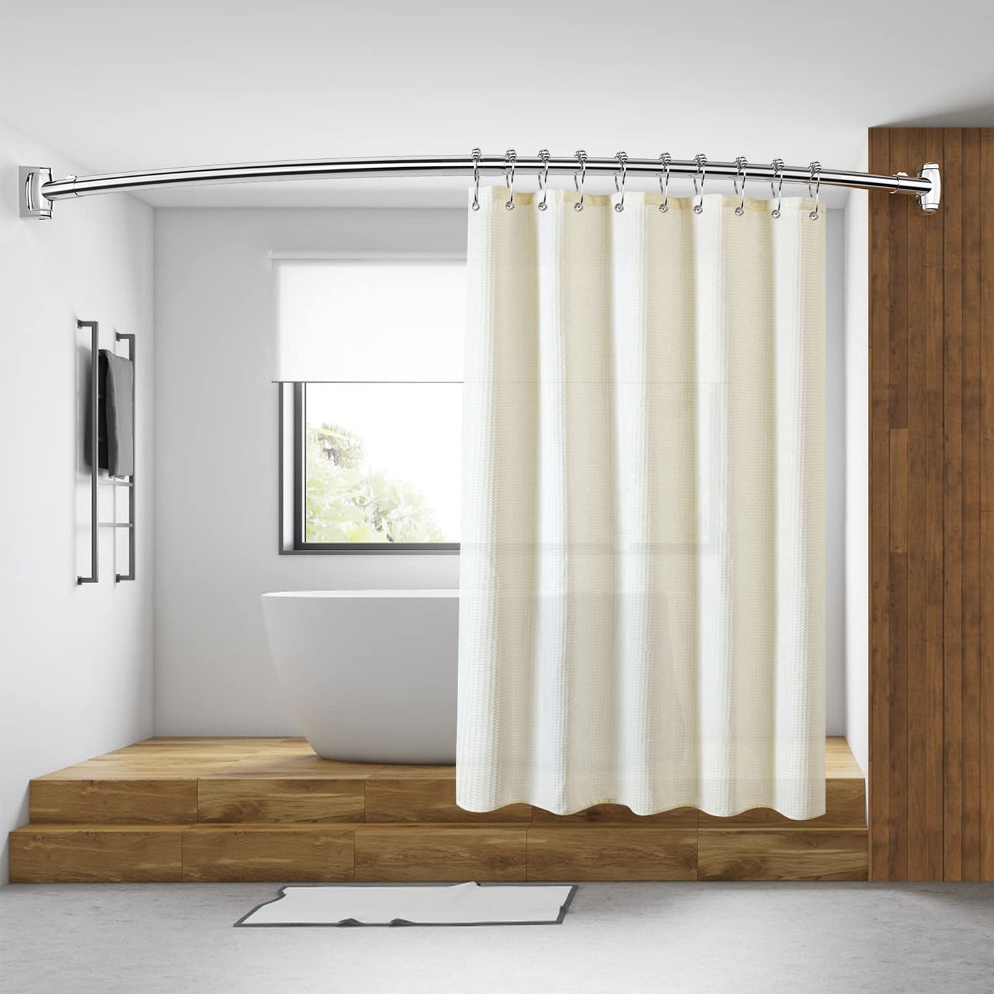 Curved shower curtain rod made of 304 stainless steel, includes 18 stainless steel curtain rings. Telescopic and adjustable from 110 to 180 cm for bathroom and bathtub, easy drill installation.