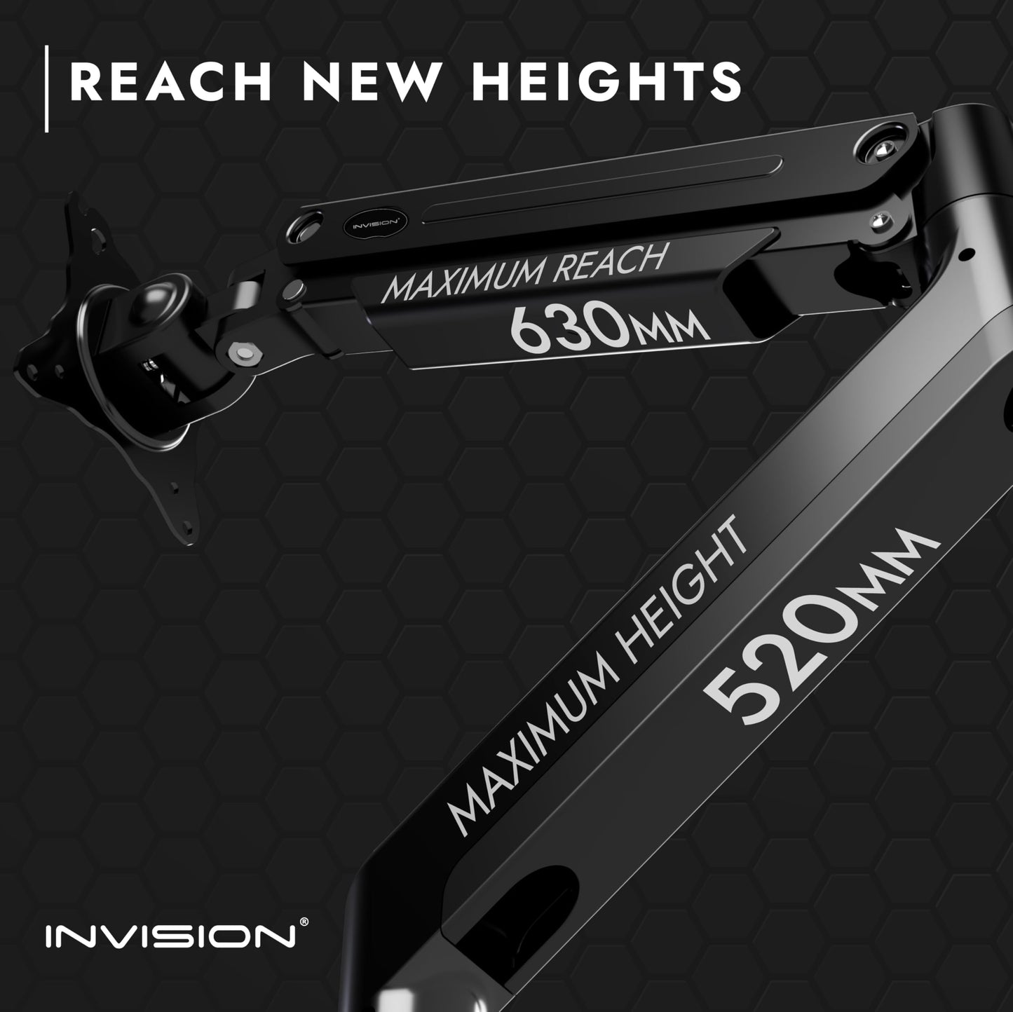 Invision monitor mount for 24-40 inch screens VESA 75-100 mm. Ergonomic, adjustable height, tilt, extendable. Supports 2-15 kg.