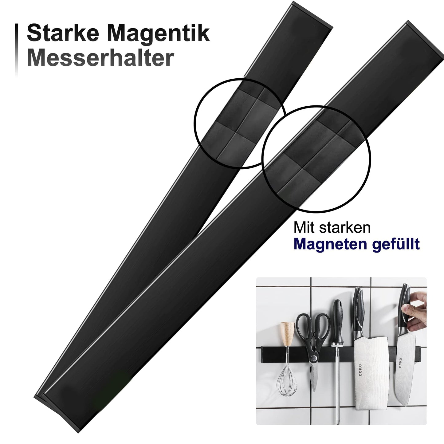 Trhillsbrad 16 inch Magnetic Knife Strip, Stainless Steel Knife Holder with 2 Hooks, Self Adhesive Black Magnetic Knife Rack, Wall Mounted Knife Holder without Drilling for Kitchen Knives.