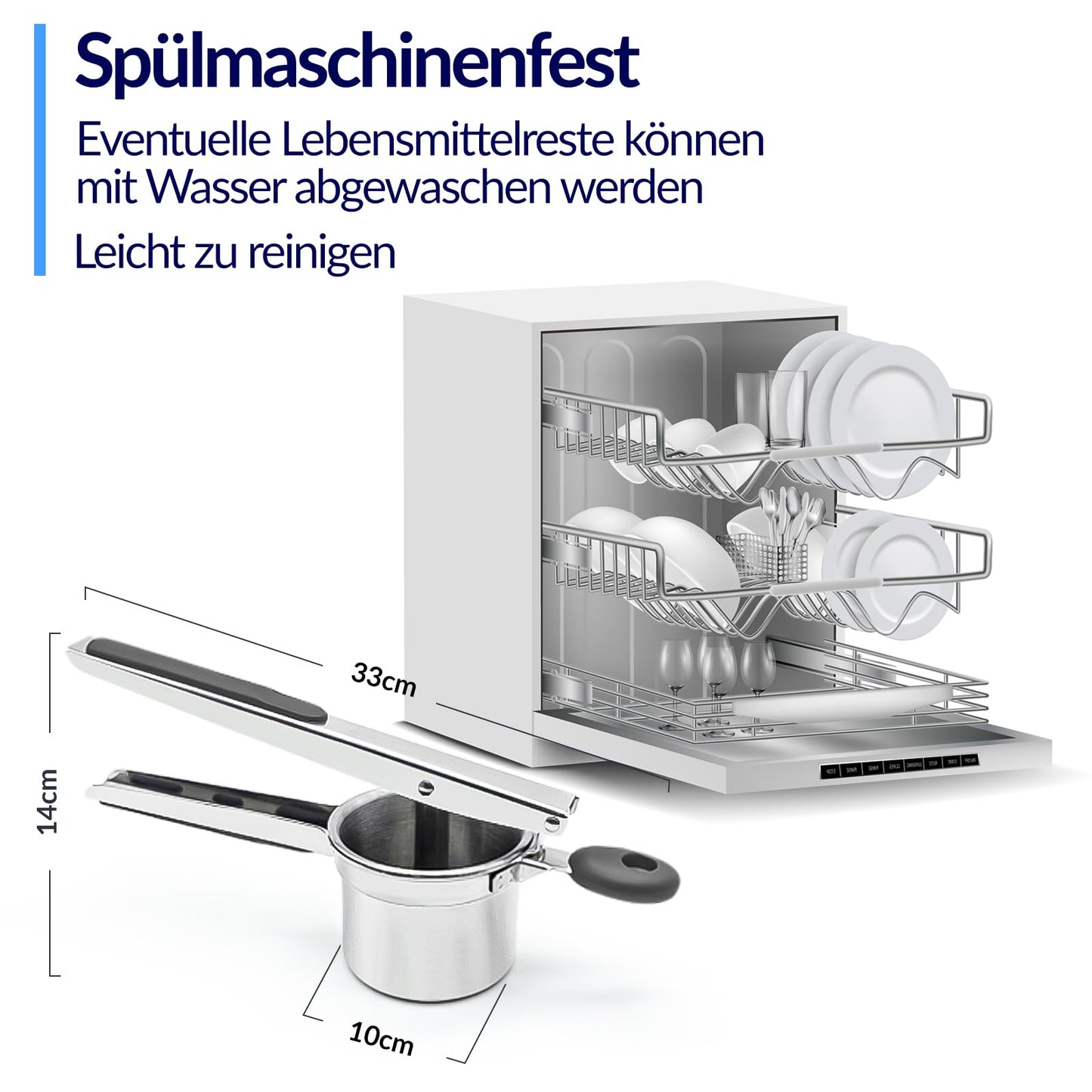 Potato masher, spaghetti ice cream maker, 405ML heavy-duty stainless steel potato press makes fluffy mashed potatoes, strong ricer disc without mess, with comfortable silicone handle, dishwasher safe.