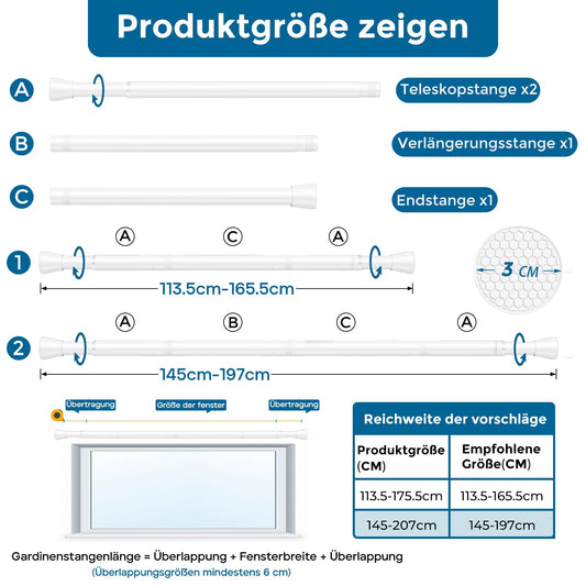 AIZESI 1 Piece Curtain Rod without Drilling Telescopic Rod Curtain Rod Shower Curtain Rod Tension Rod Adjustable Curtain Rod Clamp Rod for Curtains, Bathroom White 110-190CM (Diameter 22mm)