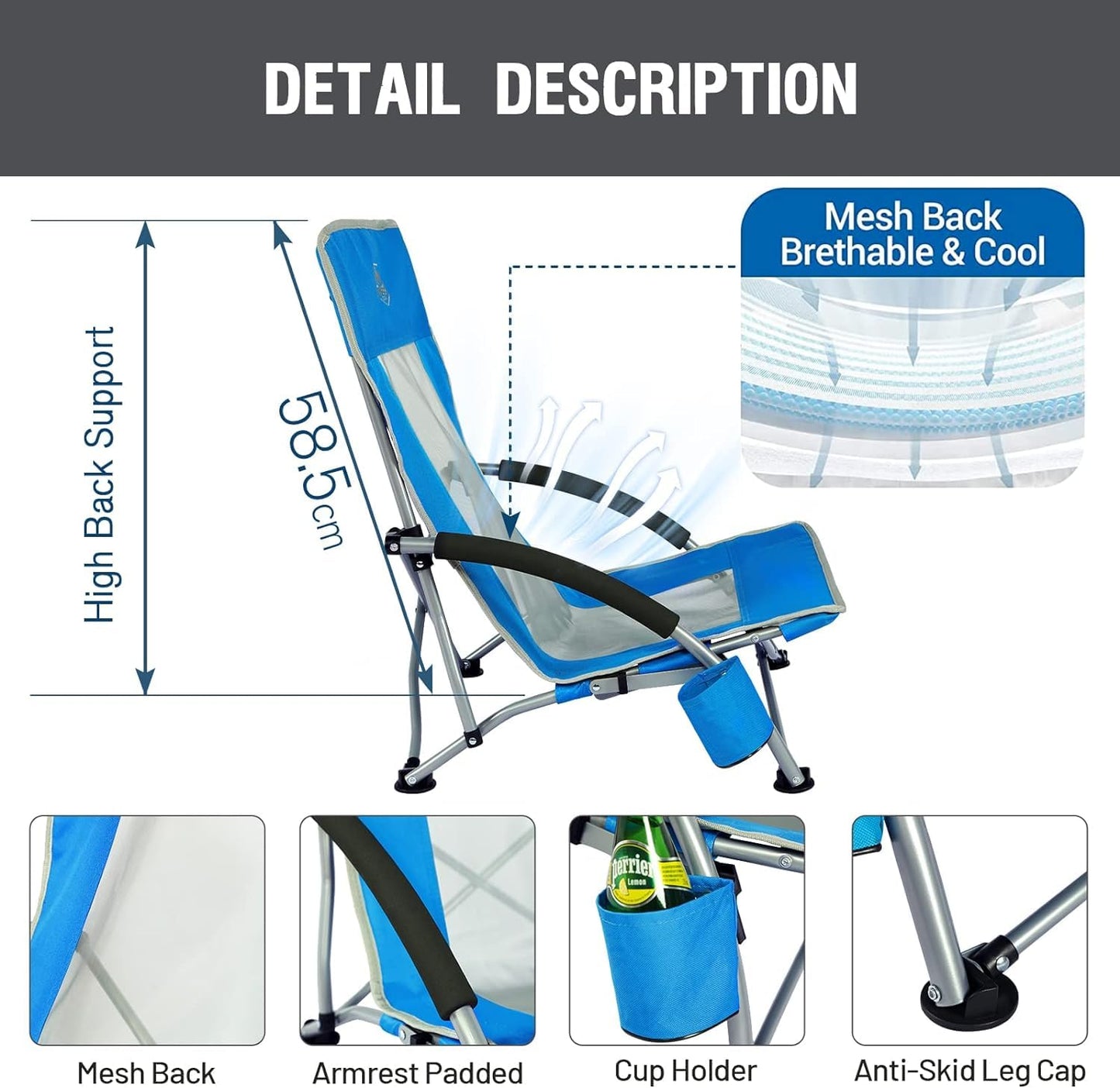 TIMBER RIDGE Beach Chair Foldable Lightweight Camping Chair with Low Chair Legs Breathable Mesh Backrest Blue 150kg Load-bearing