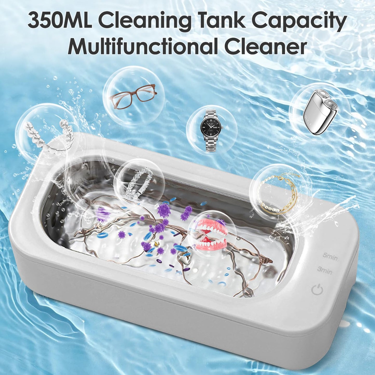 Anluomania Ultrasonic Cleaning Machine, 47000Hz Ultrasonic Device, 350ML Ultrasonic Cleaner, Glasses Cleaning Device, Ultrasonic Cleaner with 2 Modes for Glasses Dentures Jewelry Rings Coins Necklaces.