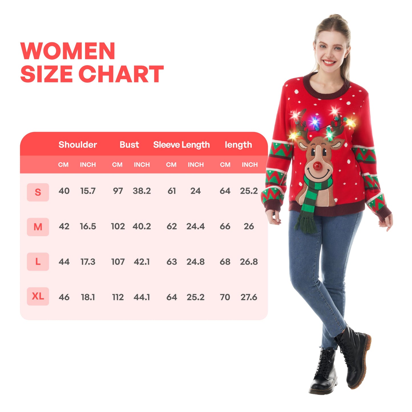 JOYIN Women's LED Light-Up Reindeer Ugly Christmas Sweater with Built-In Lights, Large.