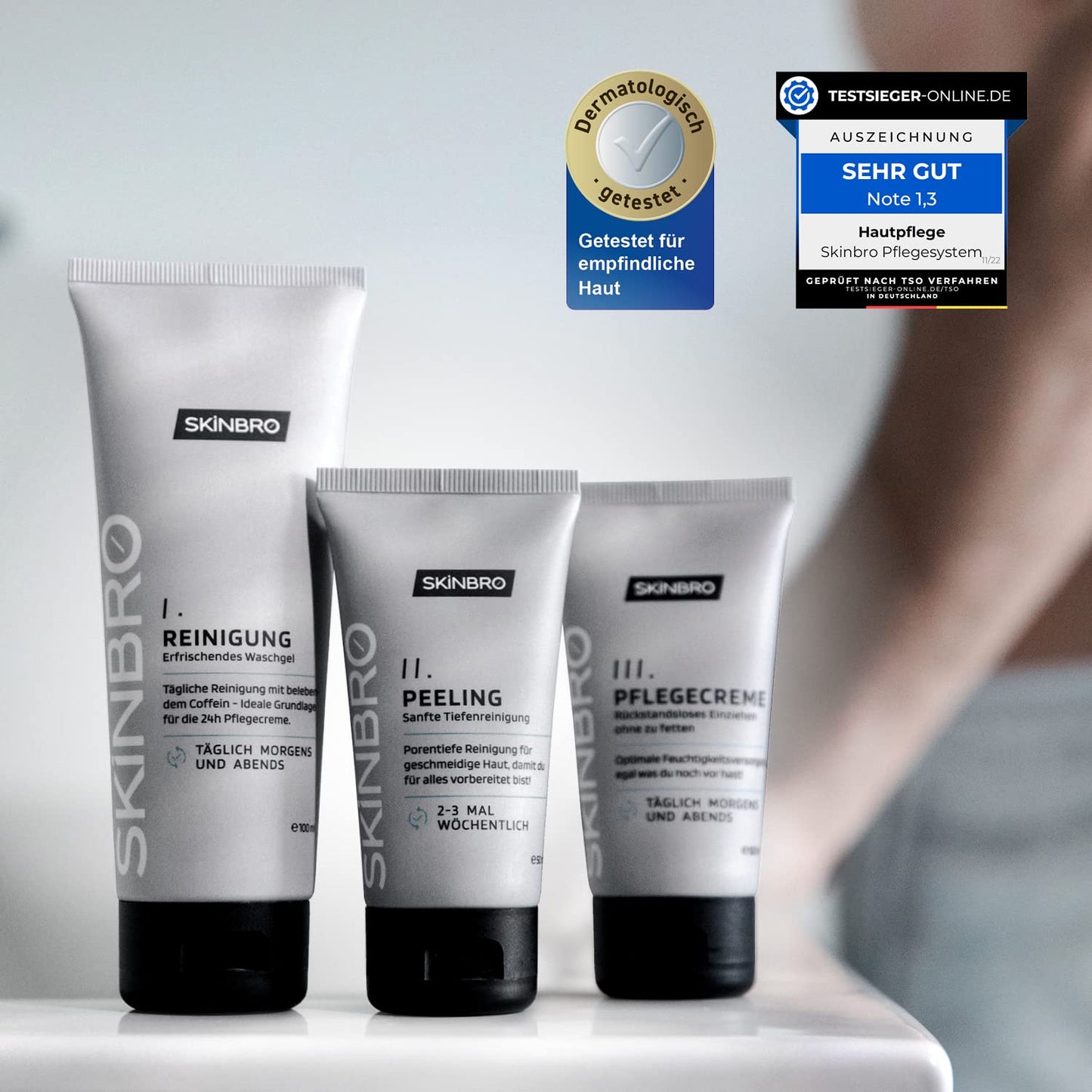 SKINBRO Men's Skincare Set | Made in Germany | 3-piece skincare set for men - cleansing, exfoliating, and face cream with caffeine | Vegan | Ideal gift for men | Cleanser, care, & moisturizer