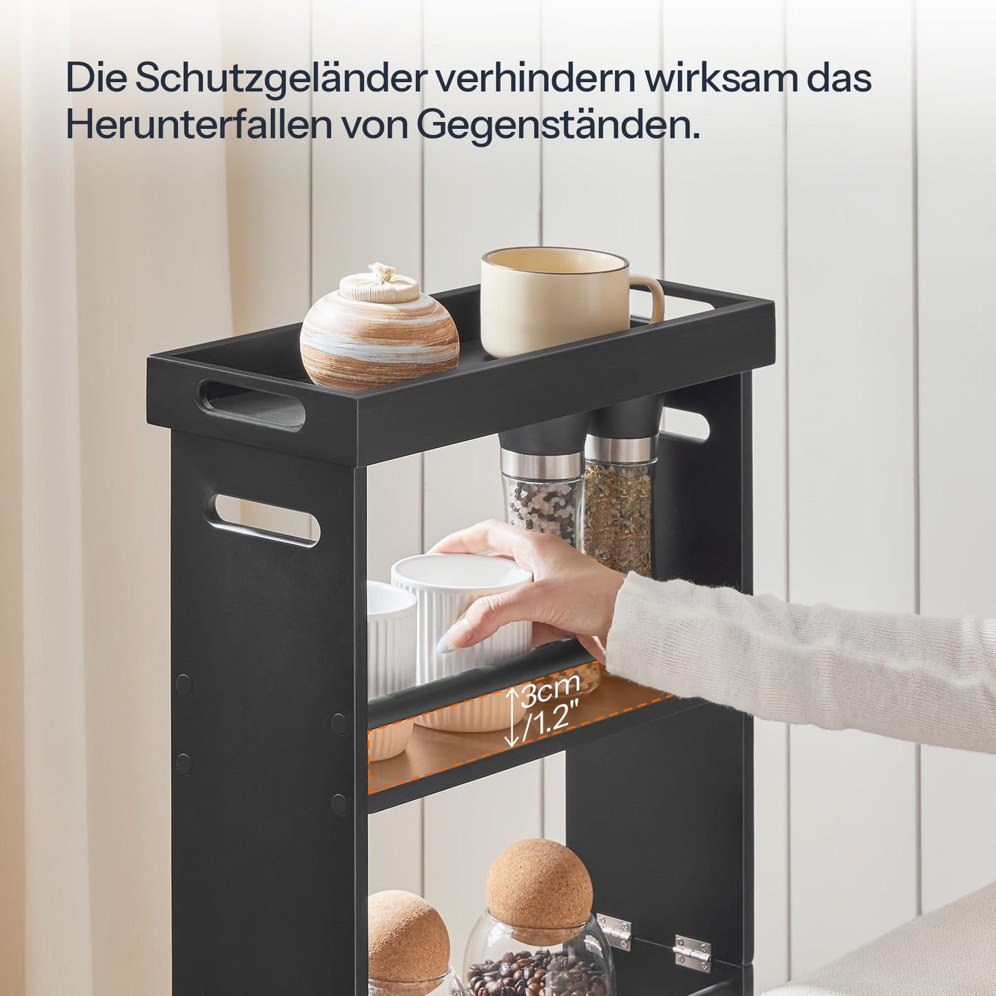 HOOBRO 4-tier Slim Serving Cart, Kitchen Cart made of bamboo, Kitchen Shelf with 360° Rotatable Wheels and Rails, for Small Spaces in Bathrooms, Bedrooms, Laundry Rooms, Black EBB40TC01N1