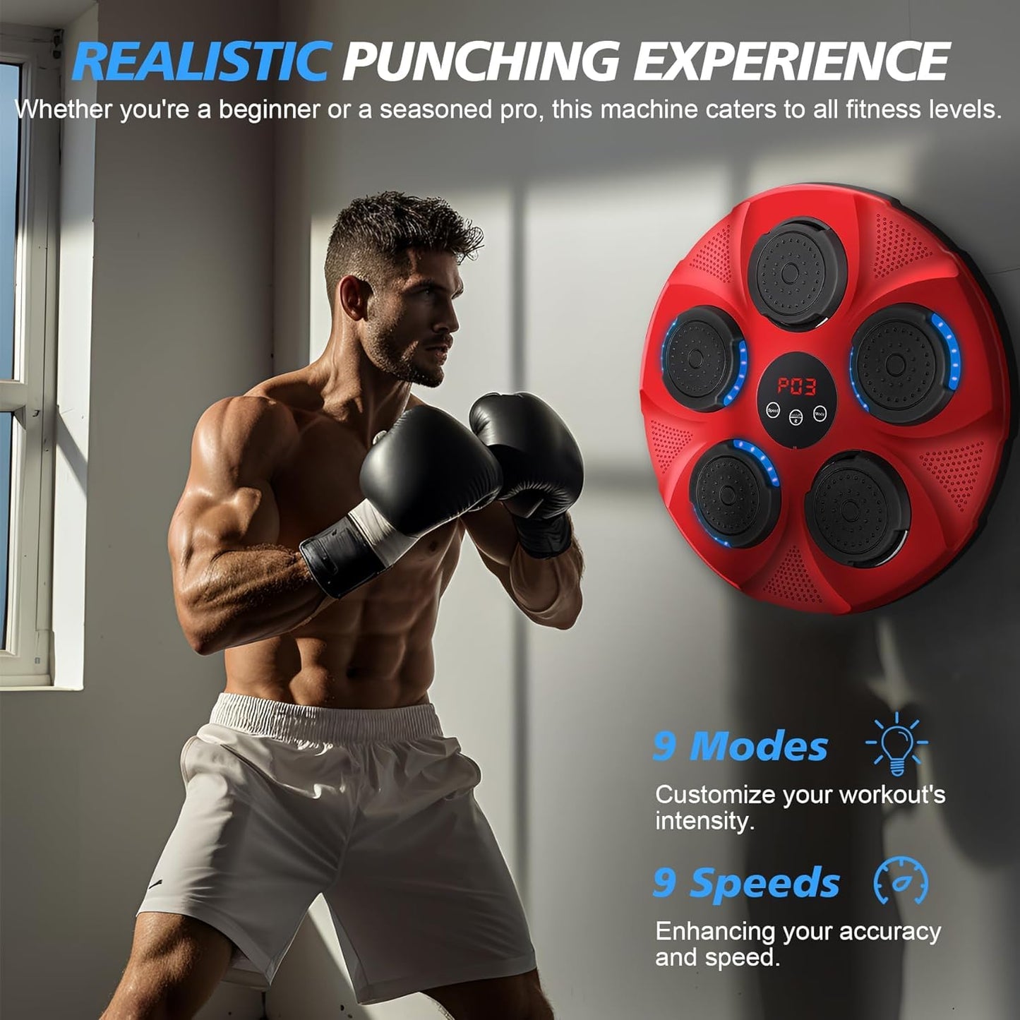 INMORVEN Music Box Machine, Punching Bag Kids Wall Mount for Boxing Equipment 15.7 Inches, Smart Electronic for Home, Focus Agility Training for Kids and Adults (Red)