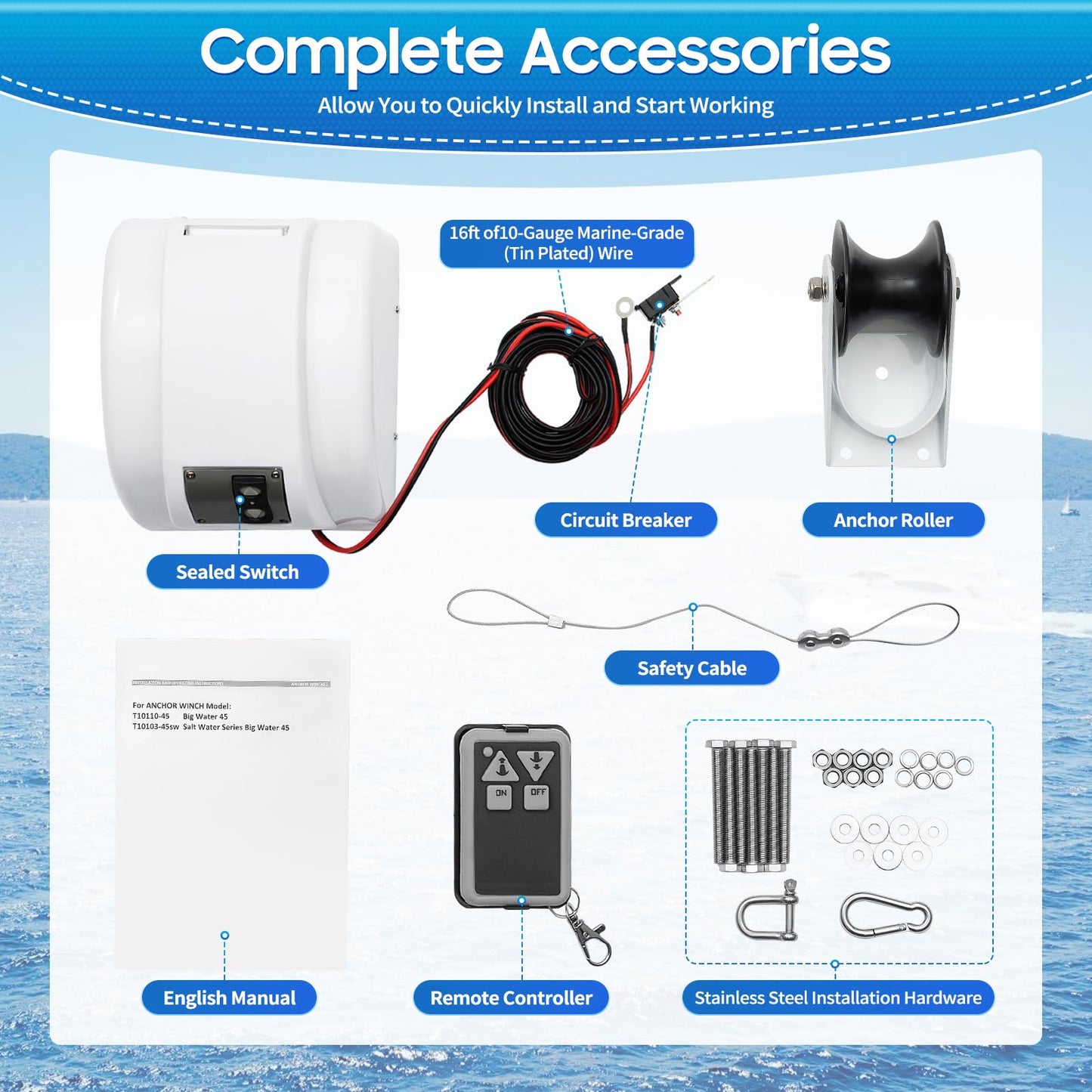 LENJKYYO 45LBS 12V Electric Anchor Winch with Wireless Remote Control Marine Anchor Winch Saltwater Boat Electric Anchor Windlass Anchor Winch for Anchors up to 45LBS