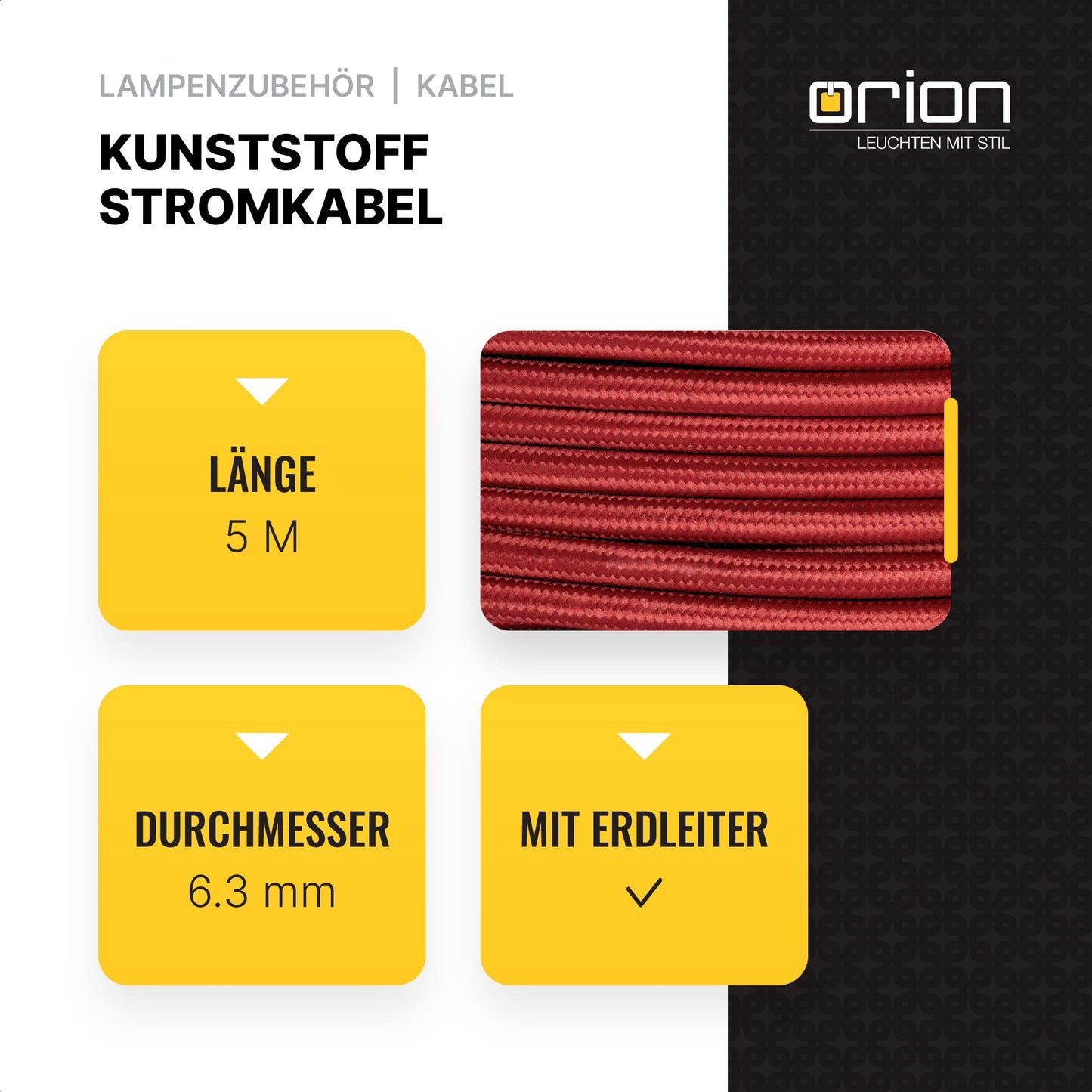 Textile cable for lamps, 5m Bordeaux, 3-core, (3x 0.75mm²) - Plastic power cable with earth conductor, textile wrapped.