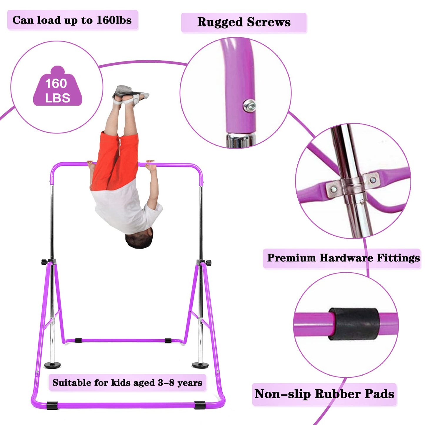 FINGER TEN Kids Gymnastics Bar, Horizontal Kip Bar Foldable Gymnastics Training Equipment 4 Heights Adjustable Horizontal Bars, Gymnastics Bar for Indoor Outdoor Home (Purple)