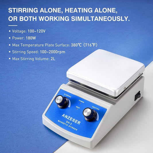 ANZESER Magnetic Stirrer Heating Plate 120x120mm 380°C for simultaneous mixing, stirring, and heating with EU plug, PTFE (Polytetrafluoroethylene), Aluminum