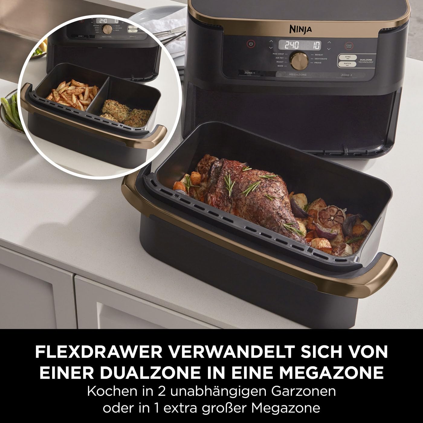 Ninja Foodi FlexDrawer Dual Zone Air Fryer with 10.4 qt capacity and removable divider, non-stick coating, dishwasher-safe basket, 7-in-1 functionality, Black & Copper, AF500EUCP