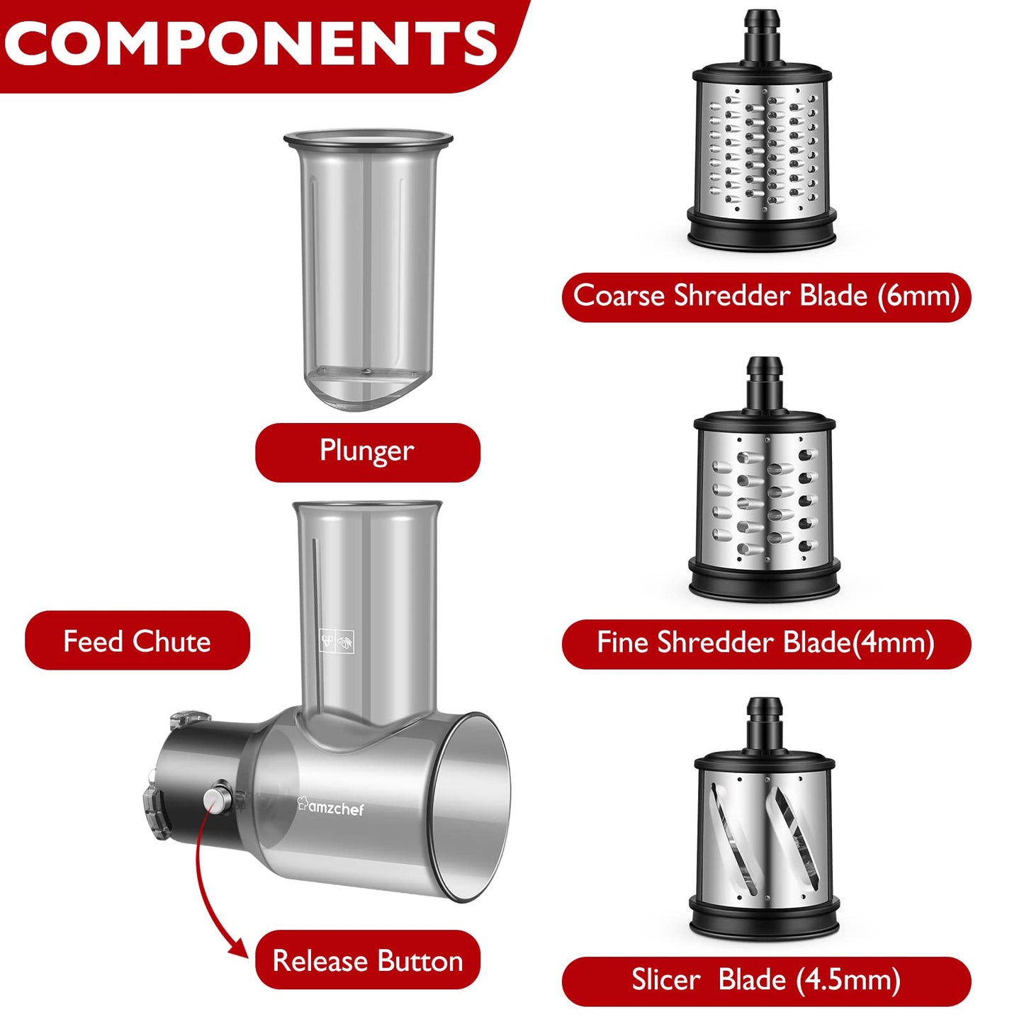 AMZCHEF Slow Juicer Accessory - 3 Stainless Steel 304 Drum Grater Attachments - For ZM1501 & GM3001 - Multifunctional & Safe - Easy to Clean, P-001