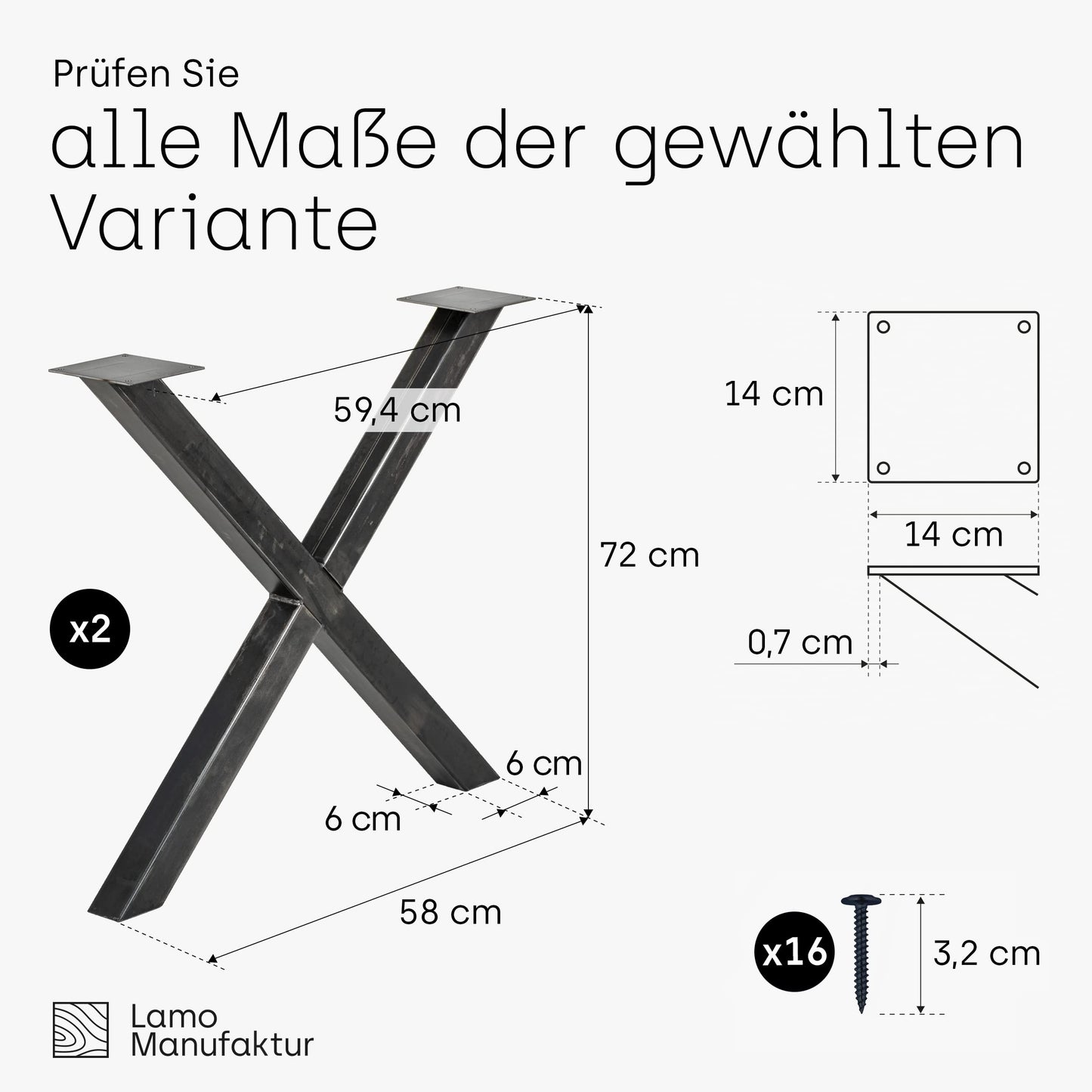 LAMO Manufacturer Table Legs for Dining Table | Desk, Light Mark | Square profile 60x60 mm, Table frame 60x72 cm (WxH), Raw steel with clear lacquer | 2 pieces, LTS-03-G-CC-0000