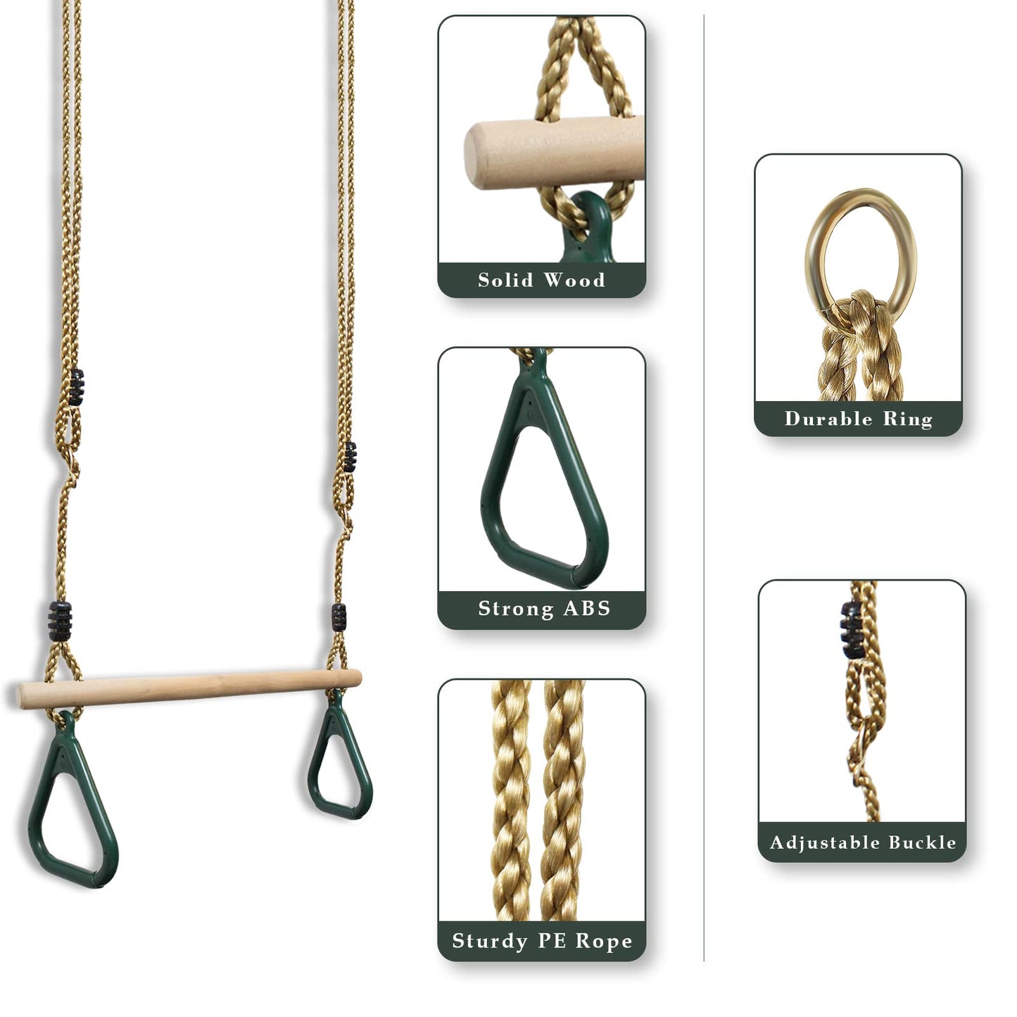 Leogreen Kids Wooden Trapeze Swing with Plastic Gym Rings, Hangs up to 150KG, Outdoor Swing for Children, Kids' Wooden Trapeze Swing for Garden Indoor Outdoor, Green.