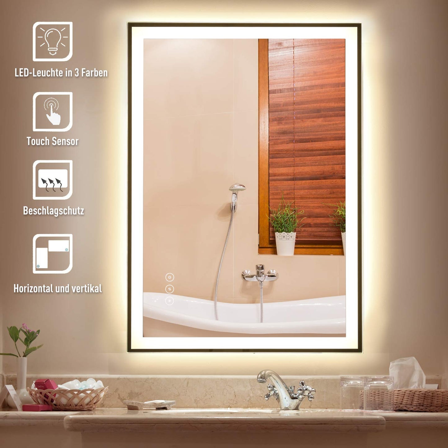 Kleankin bathroom mirror LED mirror with 3 light colors Fog-free wall mirror with anti-fog function, touch switch Aluminum 70 x 50 x 3 cm