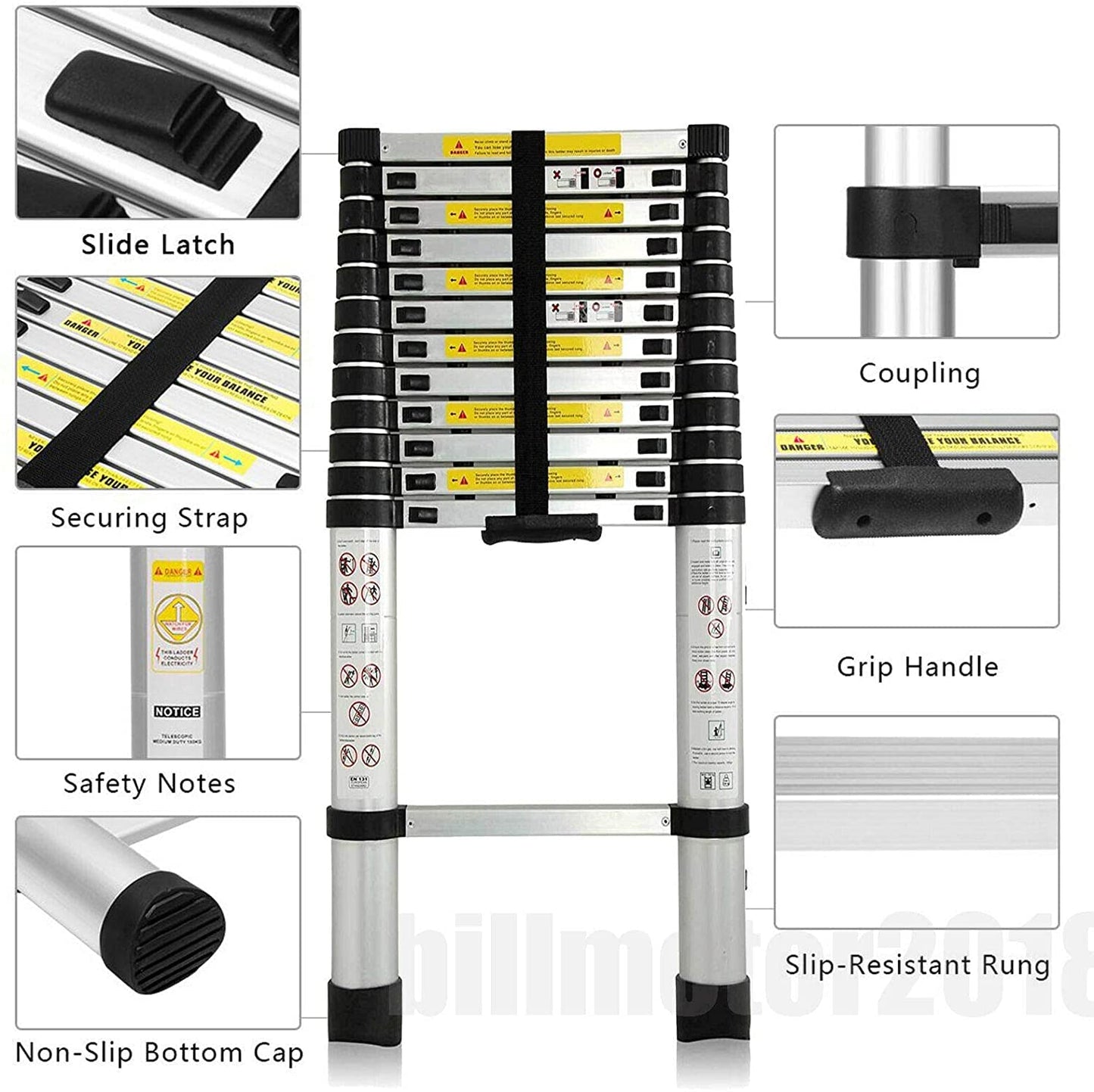 16.4FT Aluminum Telescoping Ladder, portable, multipurpose extension ladder, 330 lbs. maximum load, 13 steps, EN 131 certified, for indoor and outdoor use - 3-year warranty.