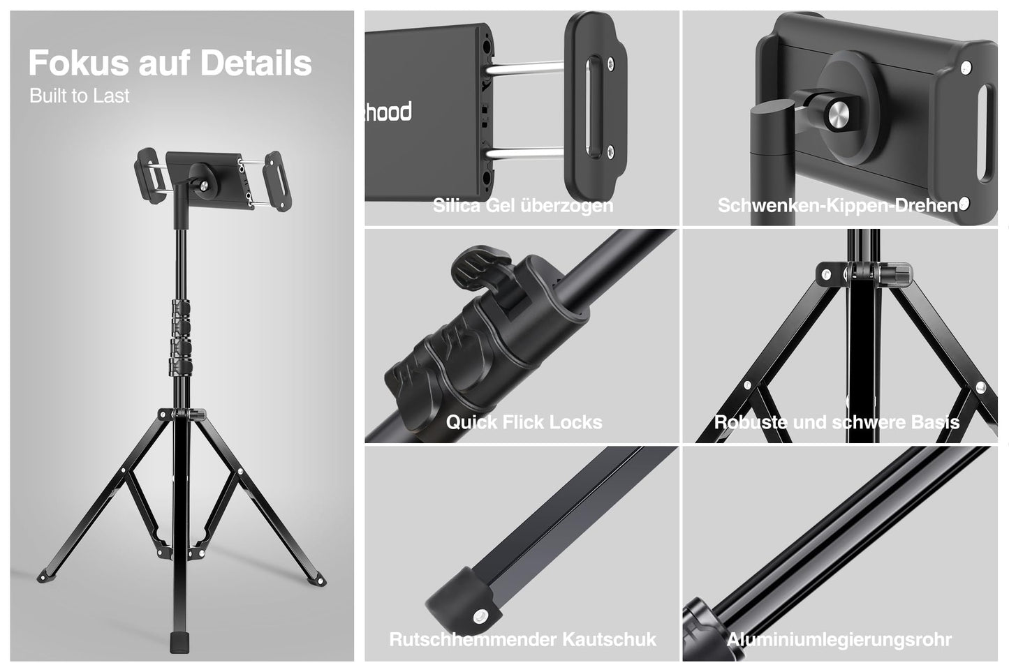 elitehood Aluminum Tablet Tripod Stand - Tablet Stand Adjustable up to 65'' Tripod Stand for iPad Pro 9.7, 10.5, 12.9, Air, Mini, iPhone 4.7-13 inches