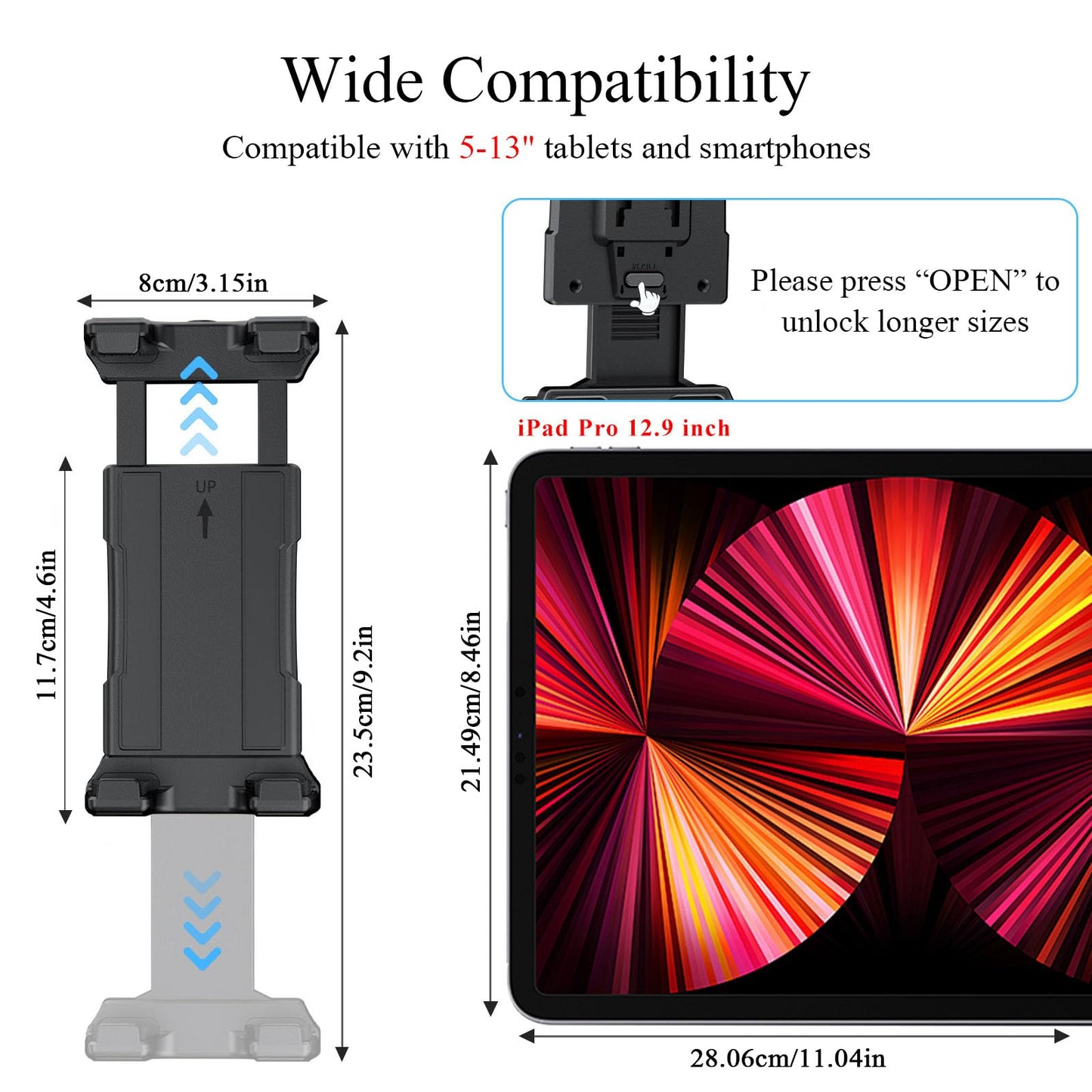 OHLPRO Tablet Holder for Car with High Performance Drill Base, Truck Tablet Holder 360° Rotatable Clamp Compatible with 5-13 inch iPad, Pro, Mini, Samsung Tab, Sturdy iPad Holder, Black