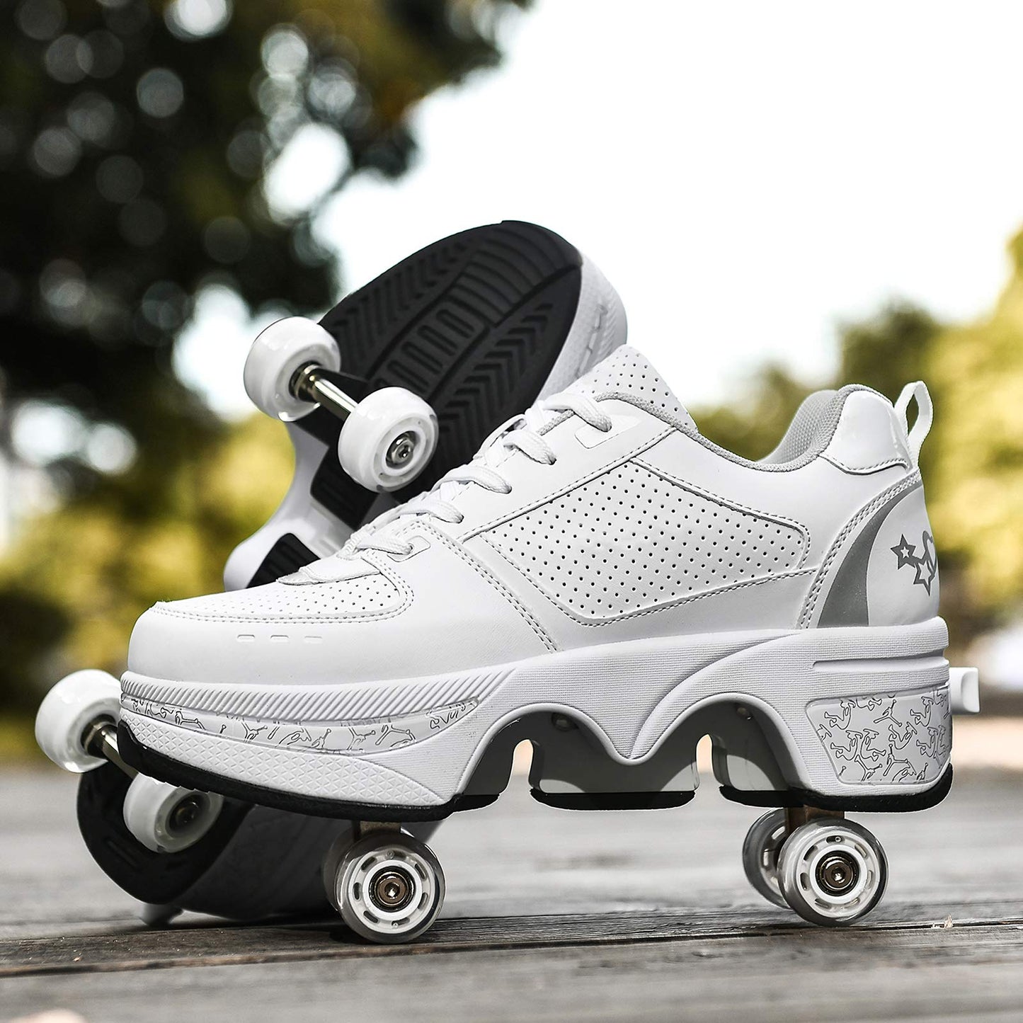 Roller skate shoes, skate shoes with wheels, inline skate, adjustable women's shoes with wheels for girls (size 38, White Silver)