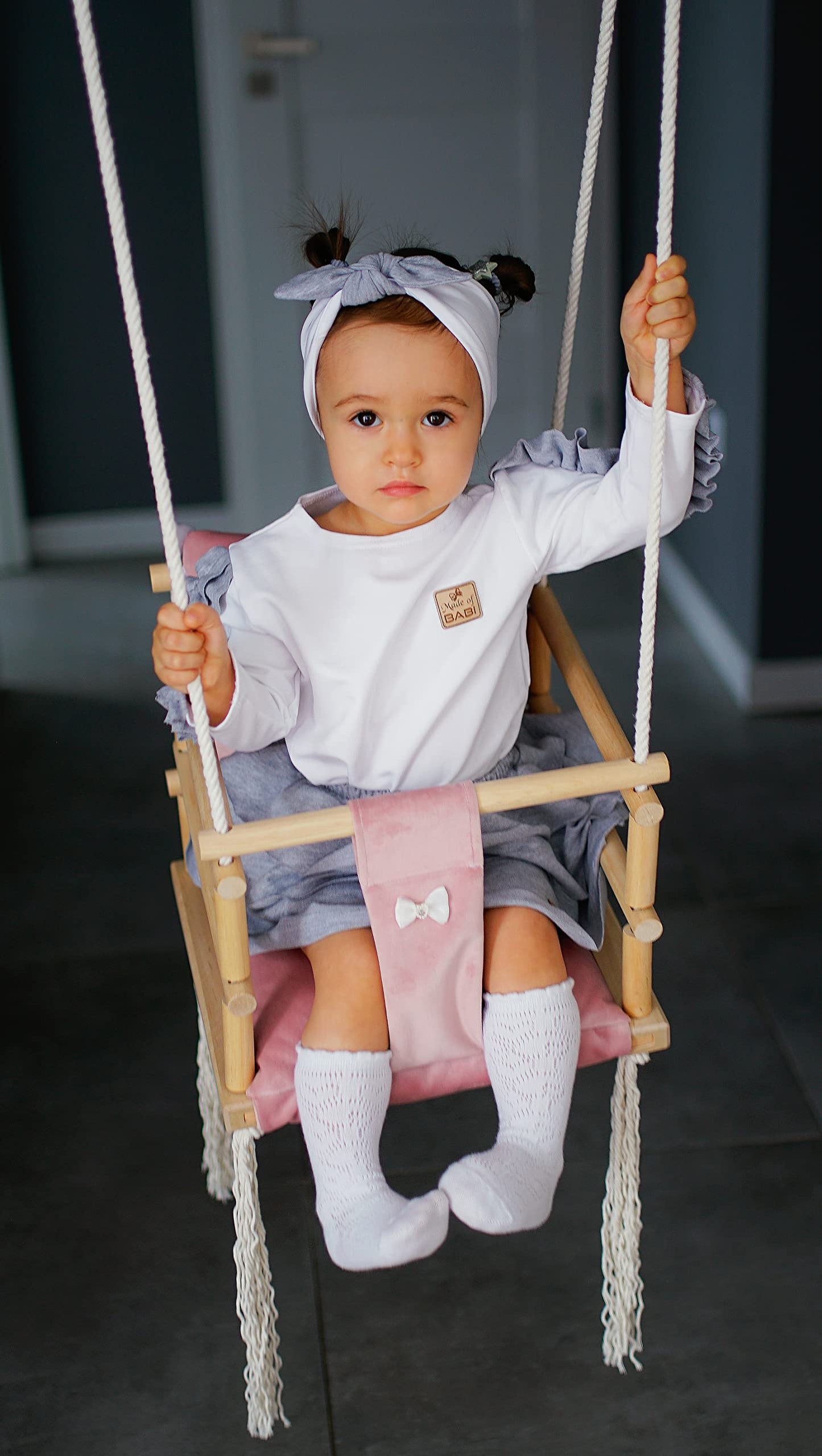Baby swing children swing wood fabric baby seat baby swing for hanging 3 in 1 (Pink)