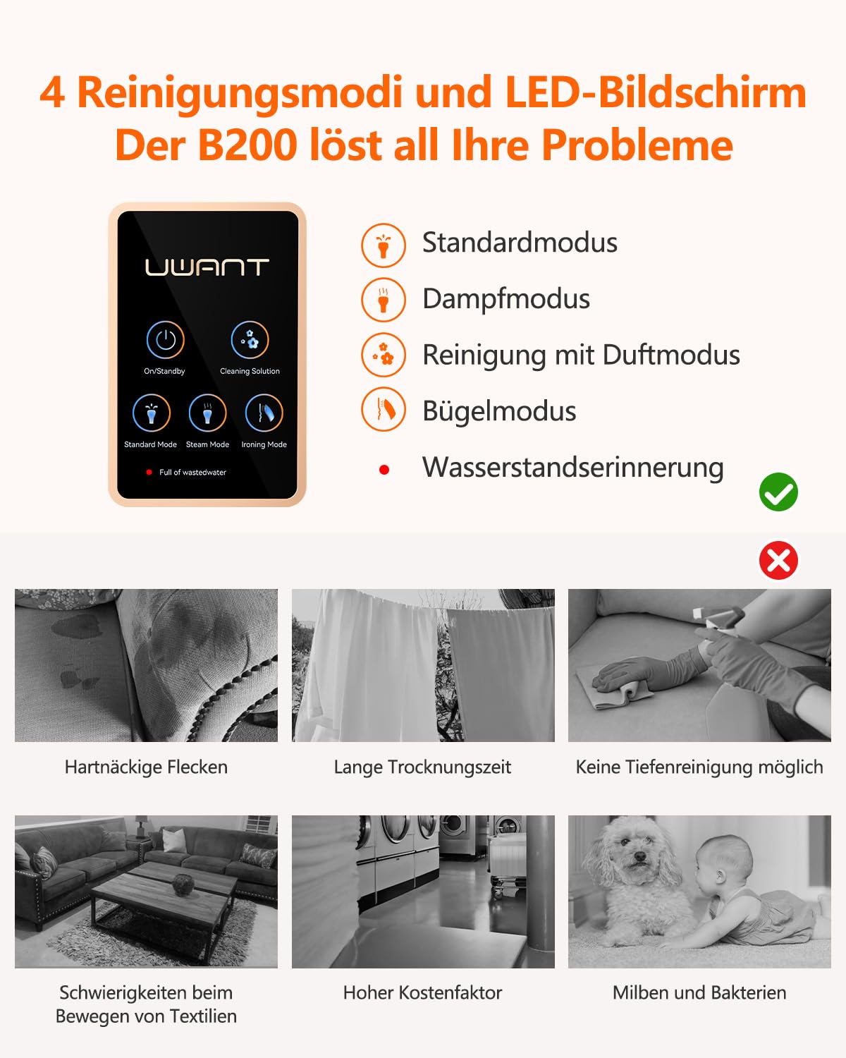 Uwant B200, upholstery cleaner device, 1900W | Steam cleans, scrubs, and sucks | For carpets, sofas, curtains, clothing | 74dB, 12000Pa