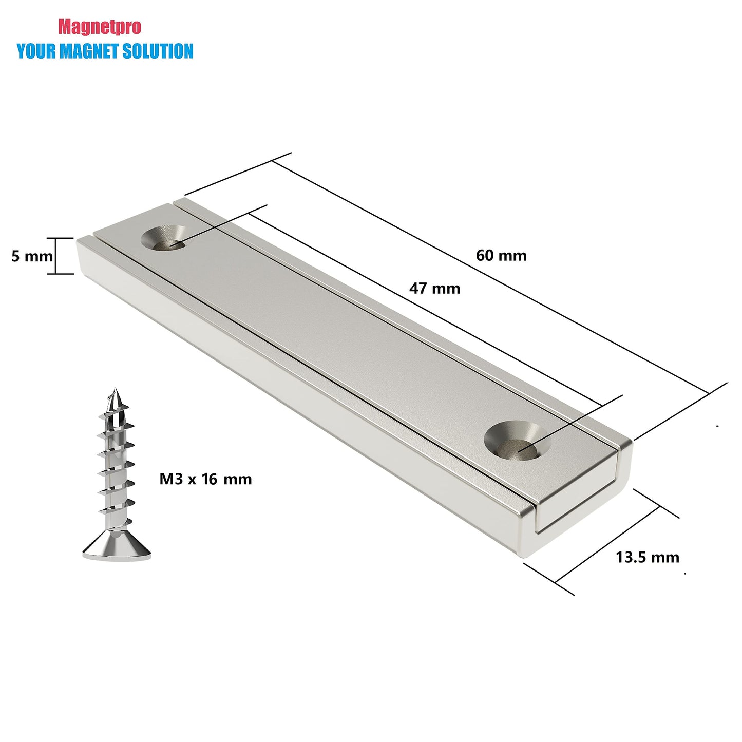 MagneticPro 6pcs Rectangle Magnets 30kg Force 60x13.5x5mm with Countersunk Holes and Steel Cup, Household and Industrial Pot Magnet with Screws.