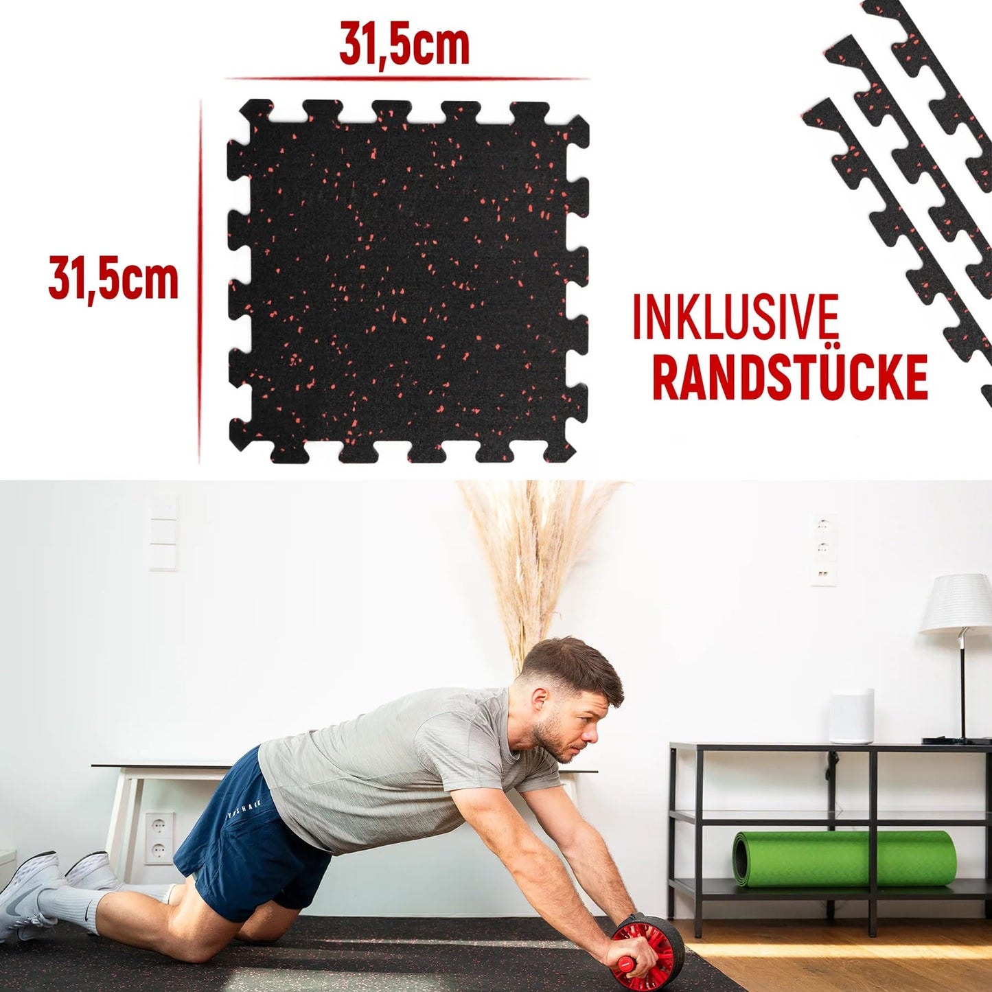 NEOLYMP Floor Protection Mat Fitness 1 x 8 Mats, extra thick and durable natural rubber - Puzzle Mat Fitness, Gymnastics Mat, Sports Mat, Fitness Mat