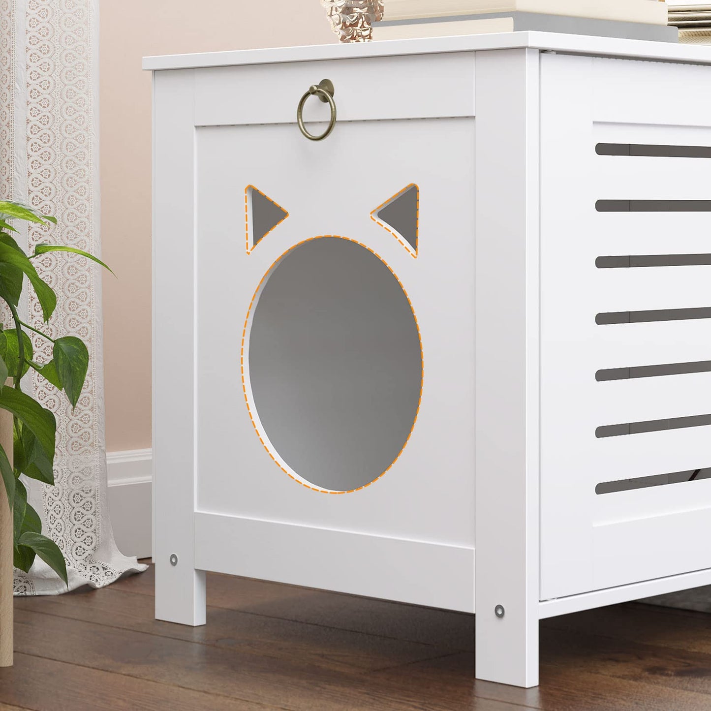 HOOBRO Cat Litter Box Cabinet, Wooden Cat Litter Box with Blinds Style Inside, Cute Cat Head Shaped Door Entry, 60 x 45 x 50 cm, White EWT60MW01