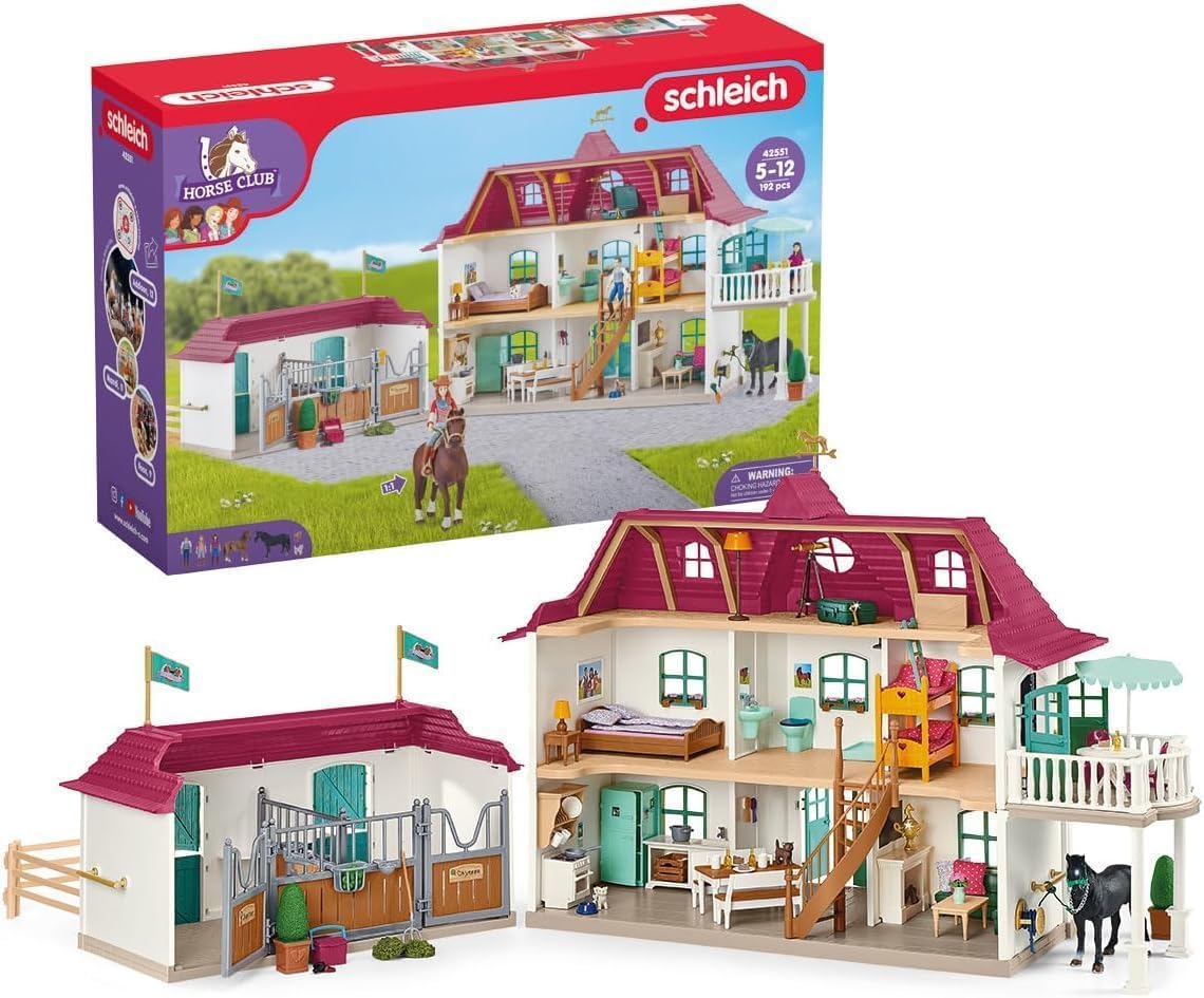 SCHLEICH Horse Club | Lakeside Equestrian Center 42551 | Set includes house with horse stable, 2 horses, Hannah, her parents & accessories | great gift for kids | horse toy for ages 5+ | 192 pieces