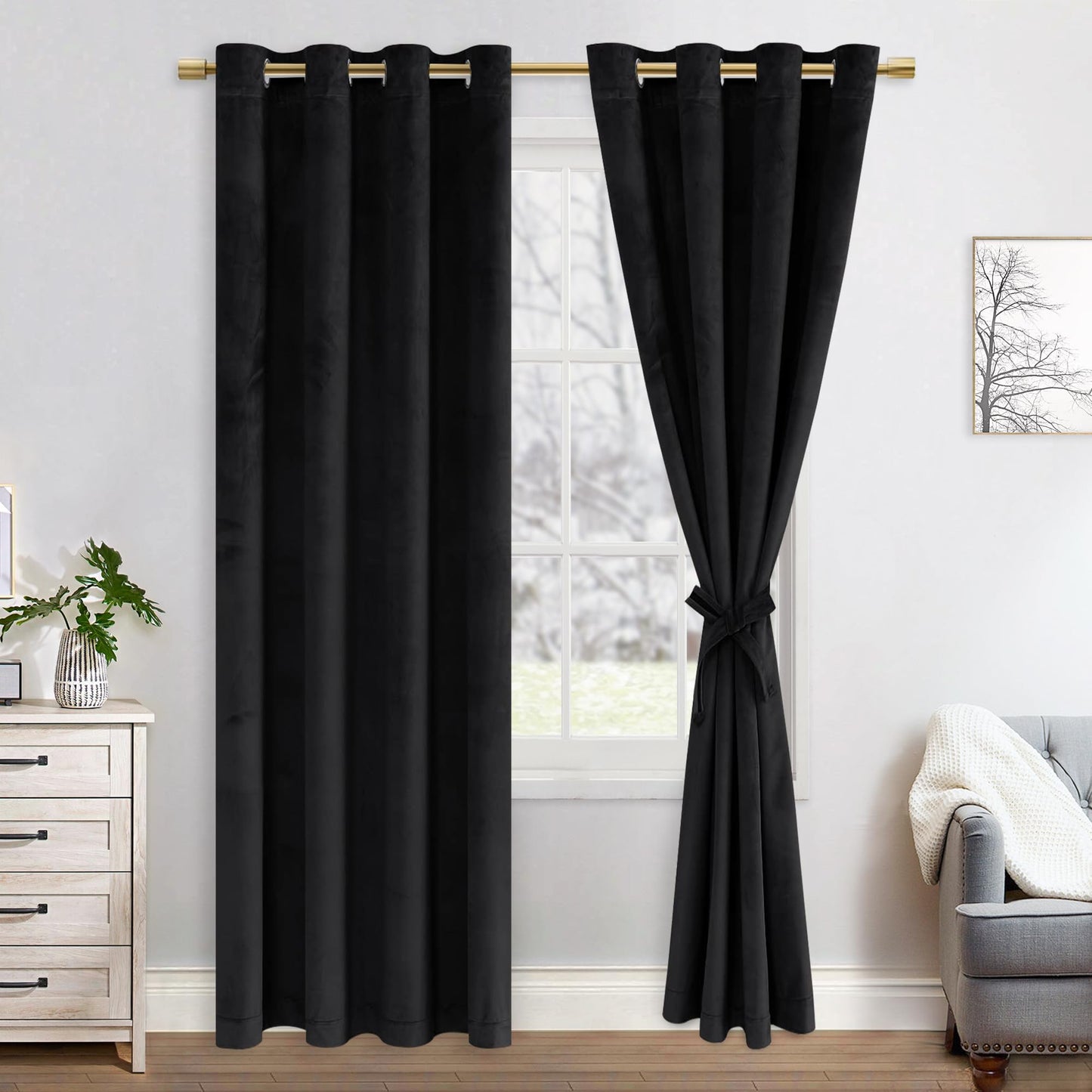 JIUZHEN Velvet Blackout Curtains, 2 pieces soft opaque drapes with grommets for bedroom, 140x225cm (width x height), Black