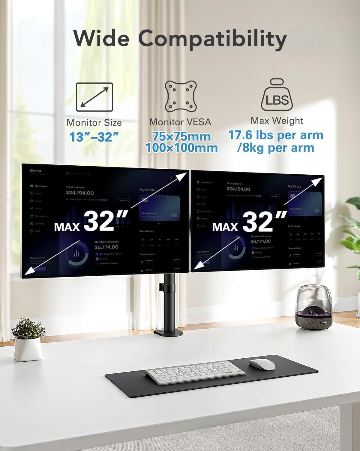 HUANUO dual monitor stand for 13 to 32 inch screens, height adjustable, tilt, swivel, rotate, extended arm for two monitors, VESA 75/100.