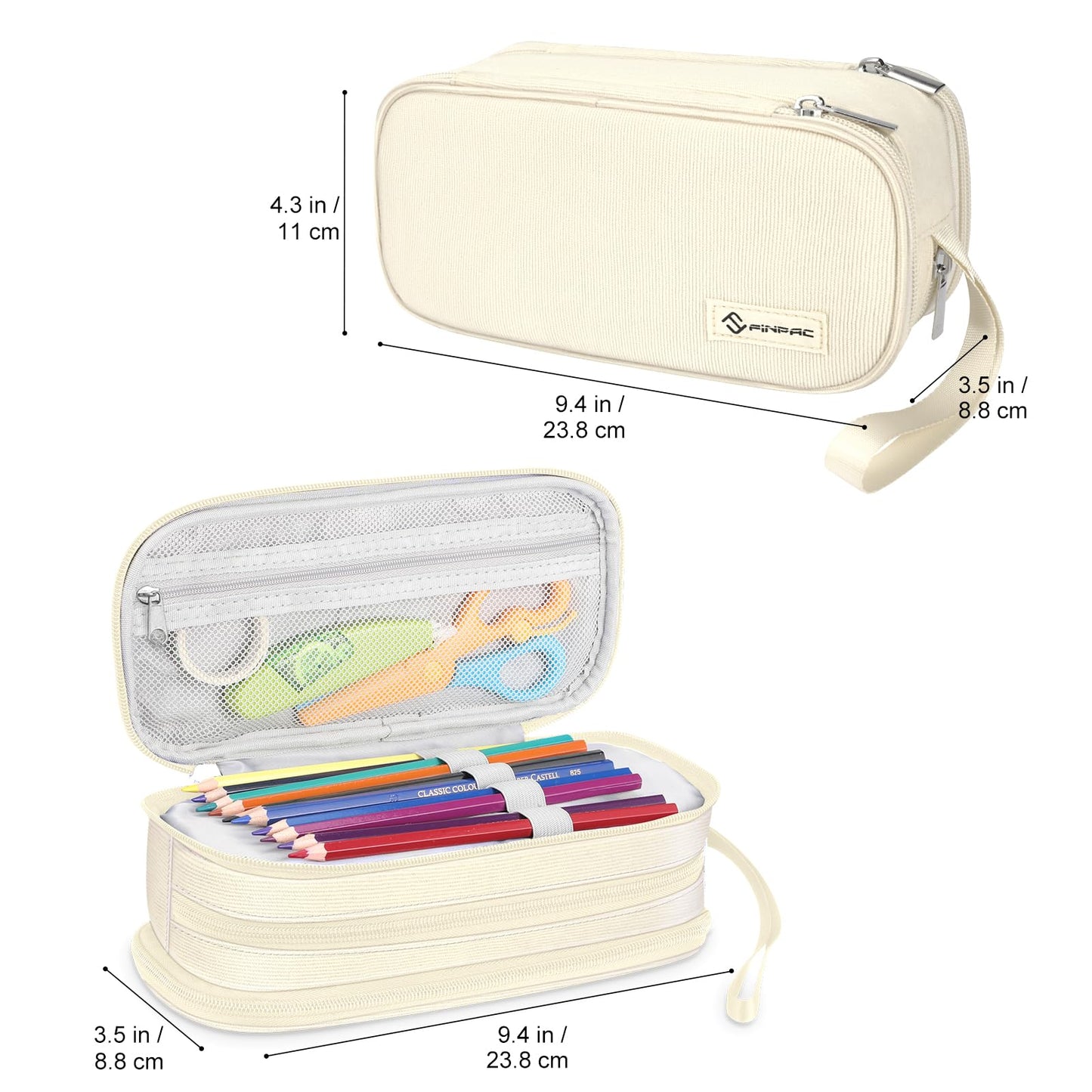 FINPAC Pencil Case - Large capacity pencil pouch with 3 compartments, perfect for school & office use. (Beige)