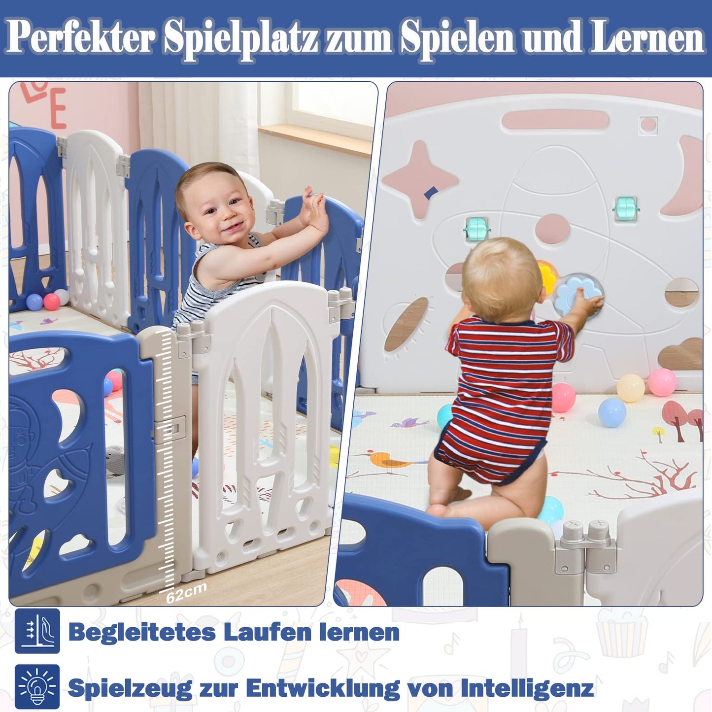 Foldable baby playpen, play yard with door and toy board, 12 panel blue+white baby gate, plastic playpen (12 pieces)
