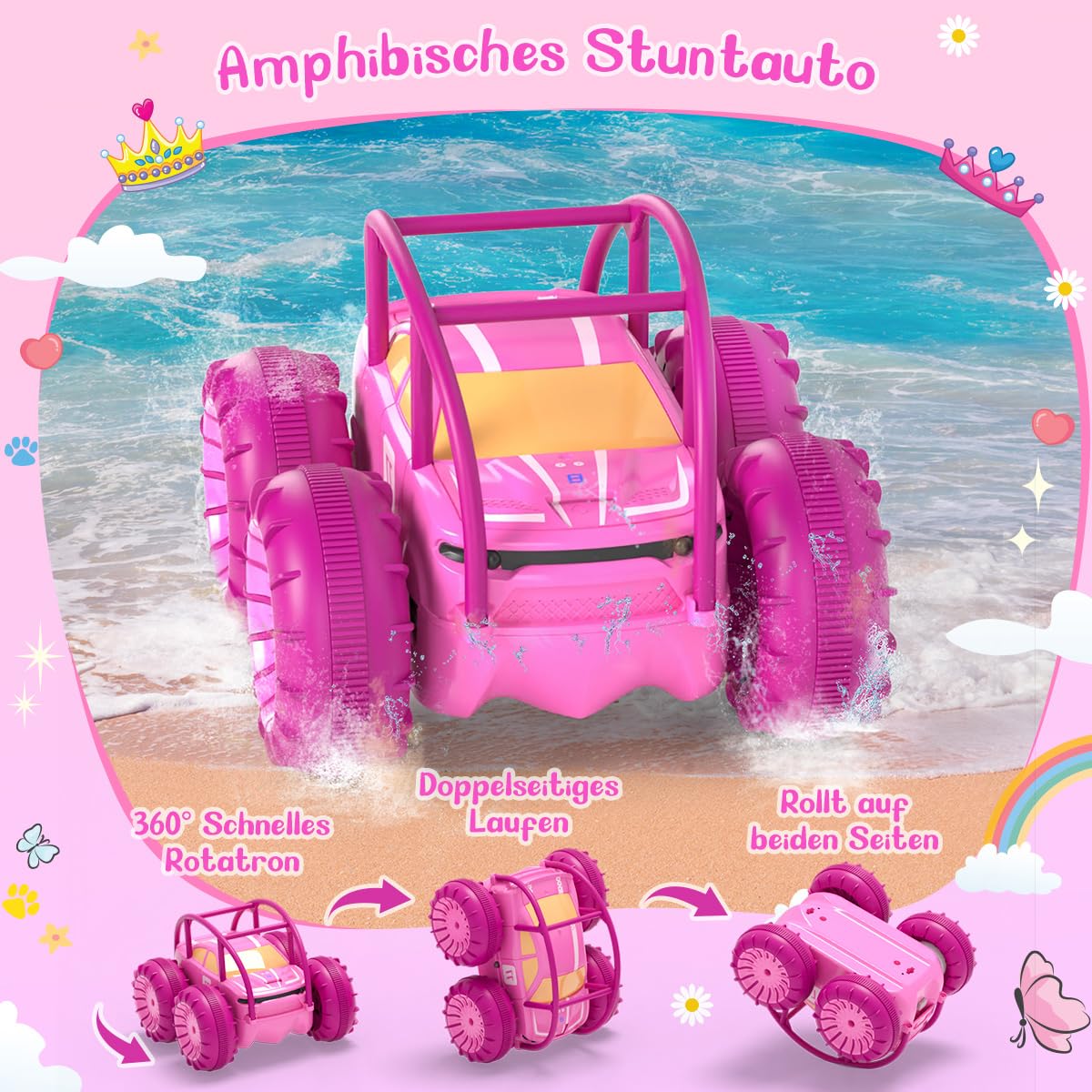 MaxTronic Remote Control Car for Girls, Direct Charge Amphibious Monster Truck with LED Light, 4WD Waterproof Indoor Outdoor RC Toy Beach Pool, Gift for Kids 3 4 5 6 7 8 9 years