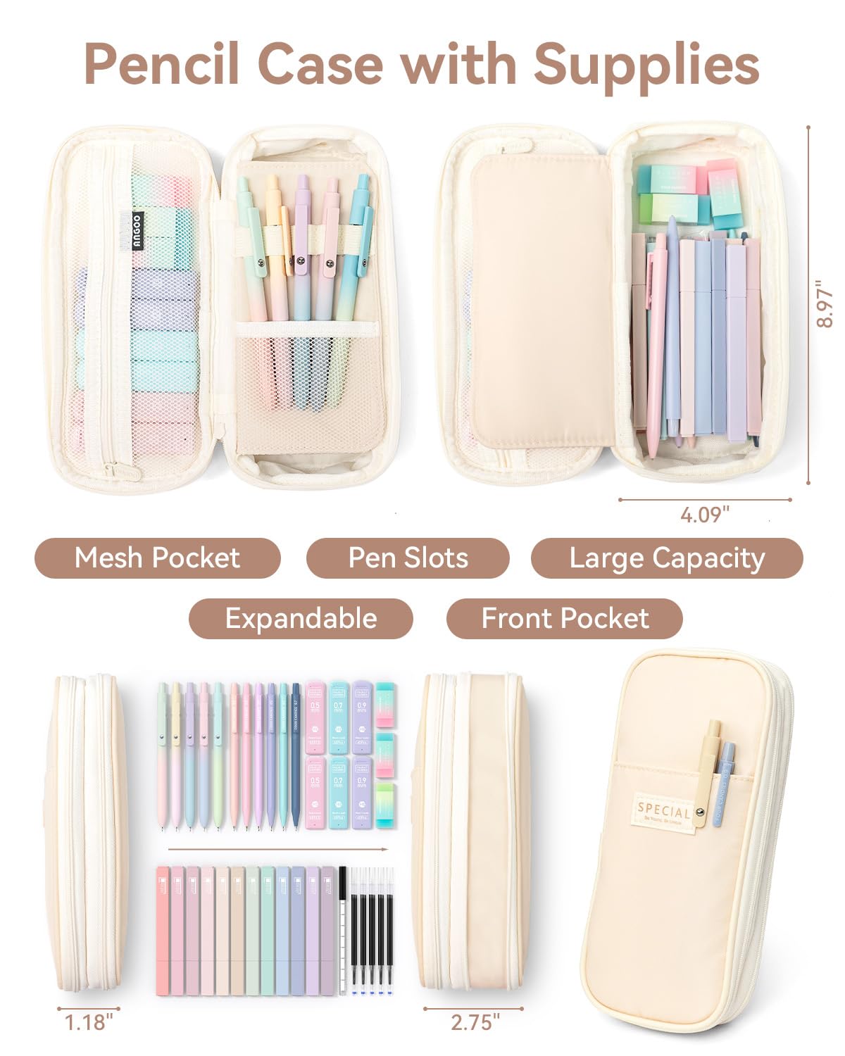 Four Candies 39-Piece School Supplies with Pencil Case, 12 Pastel Highlighters, 5 Gel Pens, 6 Mechanical Pencil Set, Aesthetic Pens, and Cool Stuff for Teenage Girls School Essentials Clean Girl (Cream)