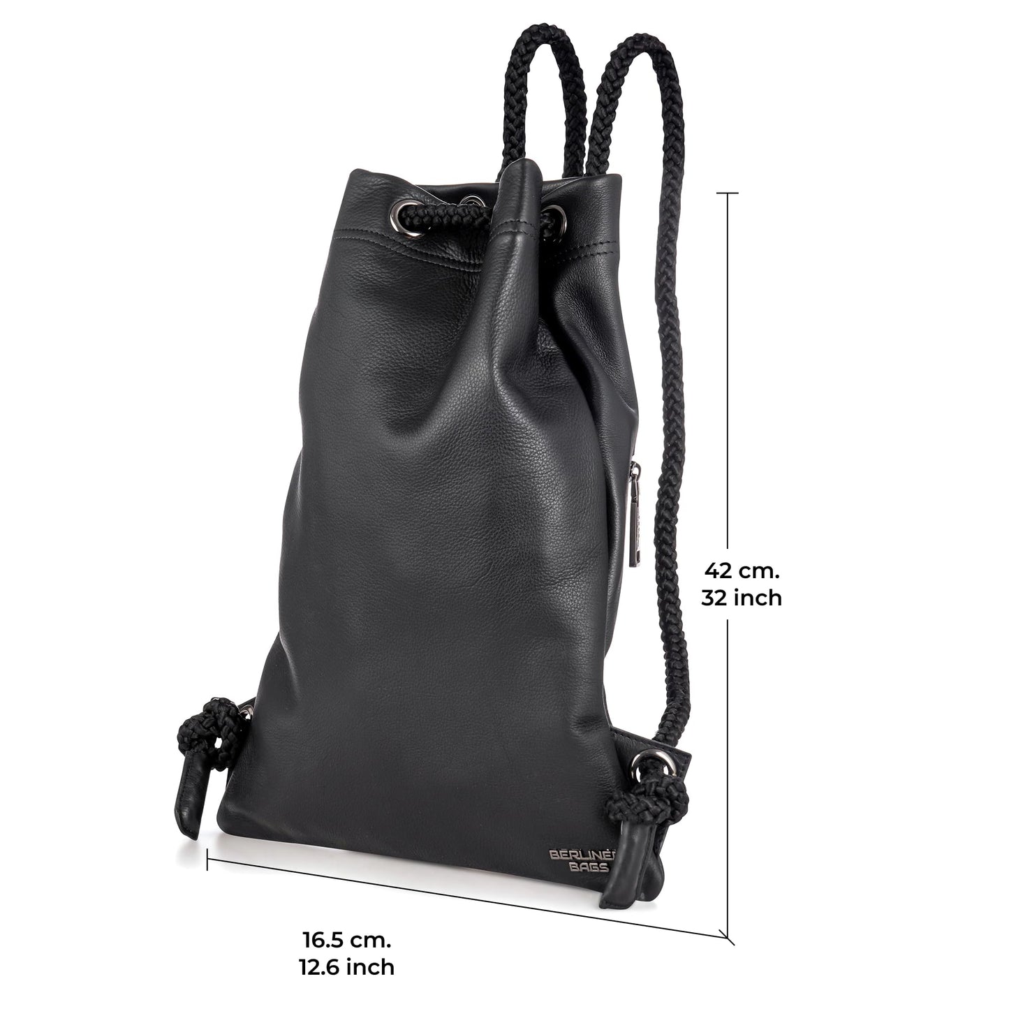Berlin Bags Premium gym bag made of leather, sports backpack with drawstring for women and men - Black