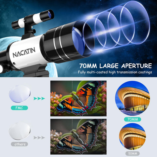 Telescope for kids, NACATIN 70mm aperture refractor telescope for kids, adults & beginners, adjustable tripod, with smartphone adapter and wireless remote control.