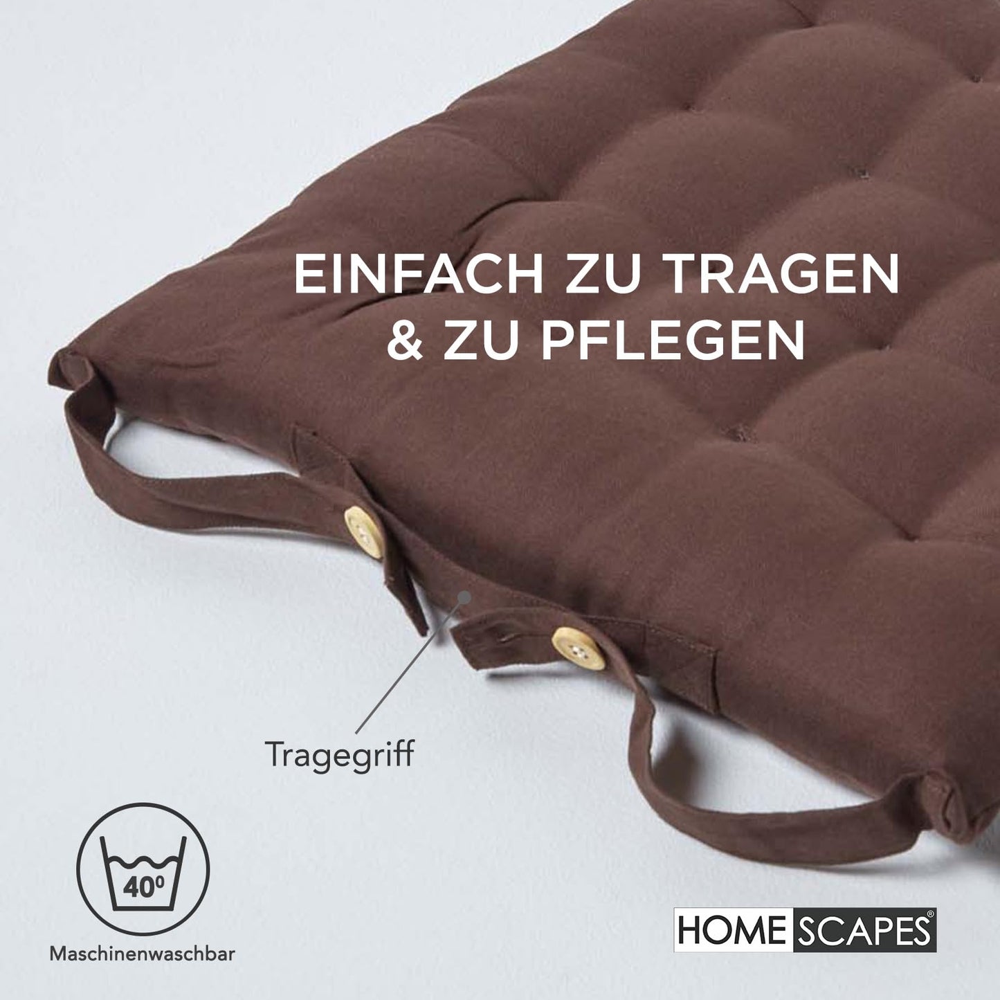 Homescapes 6-piece chair cushion set 40x40 cm brown - seat cushions for outdoor/indoor use with cotton cover, washable seat padding Oeko-TEX certified for dining, kitchen, and garden chairs.