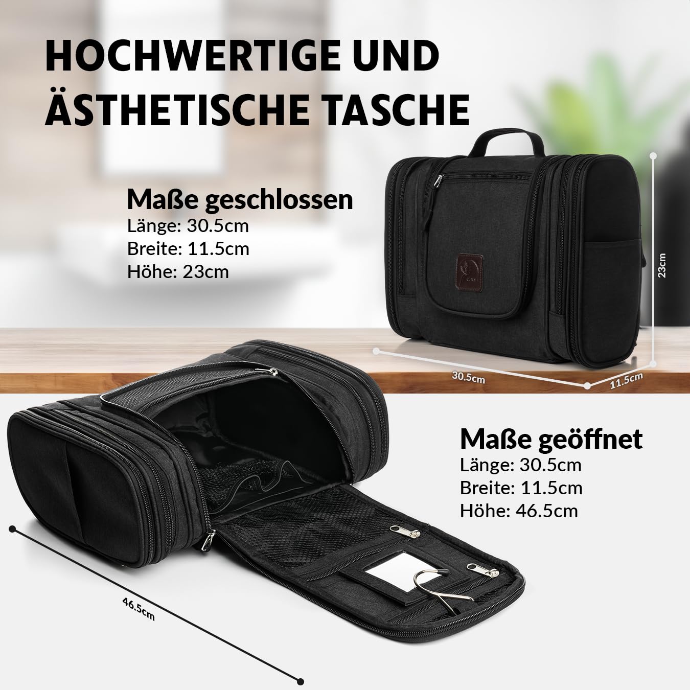Obics toiletry bag for women & men large black 8L XL - hanging toiletry kit with mirror & travel pouch - outdoor cosmetic bag big as gift set with 10 compartments for camping & travelling