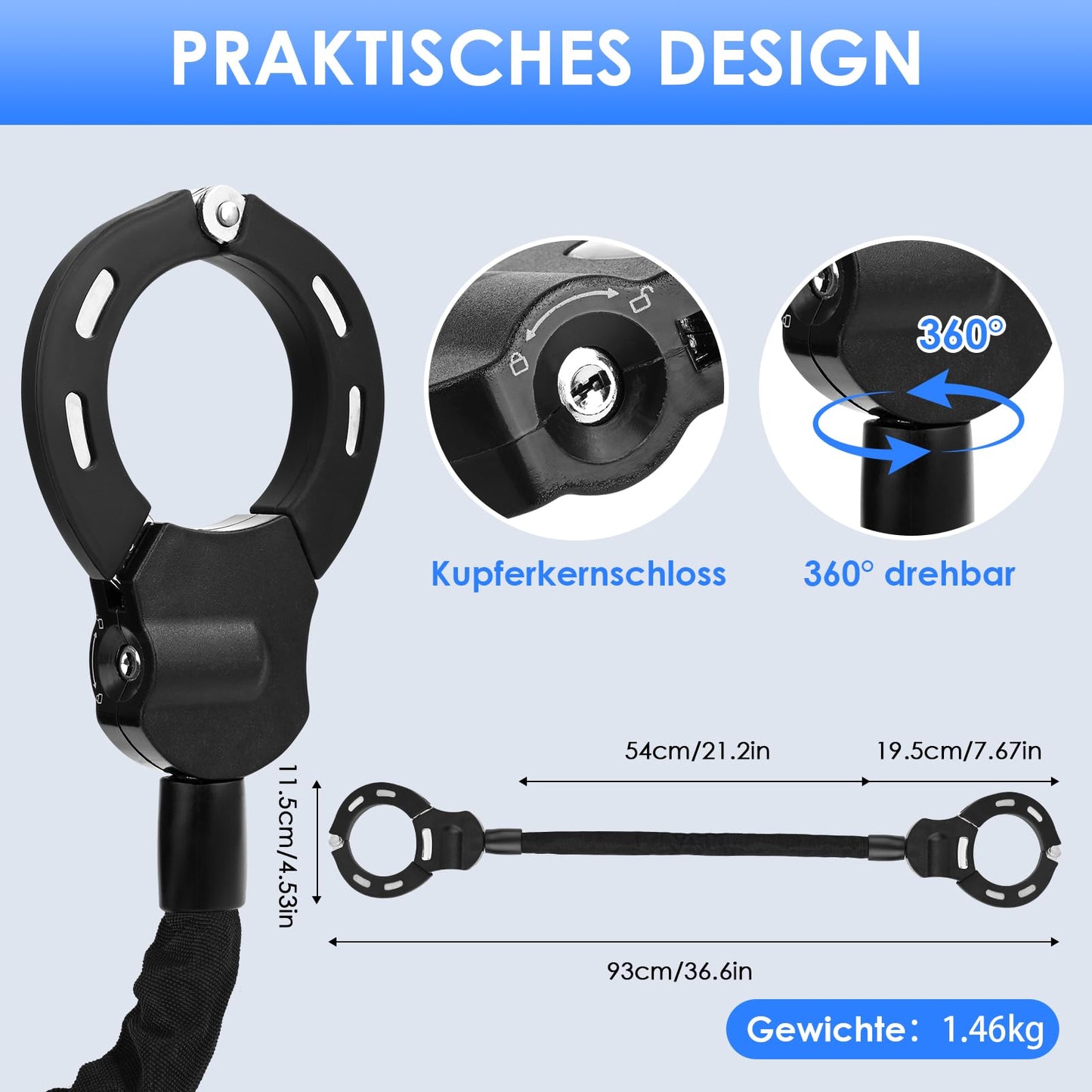 GuKKK E-Scooter lock, handcuff lock with key, bike lock for E-Scooter with rubber lock sleeve, 93CM, 1.46KG, high security lock ideal for scooters, bikes, and e-bikes, motorcycles