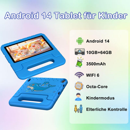 Biegedy Android 14 tablet, 7 inch, 10GB RAM + 64GB ROM/TF 512GB, Octa-core 1.8GHz | Child Educational | Parental Control | 5G Wi-Fi | Dual Camera | BT 5.0, With Blue Holster