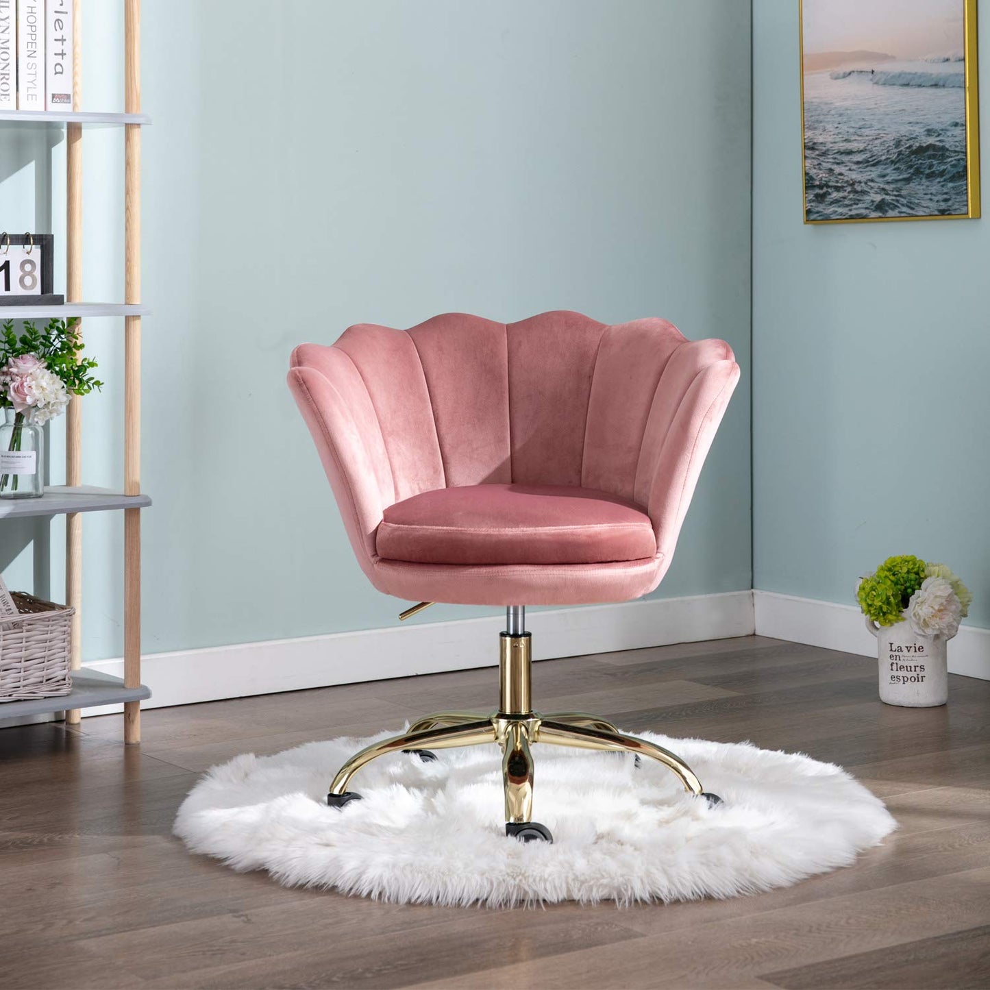 Wahson velvet office chair with wheels and adjustable height, suitable for bedroom/vanity desk. Available in pink.