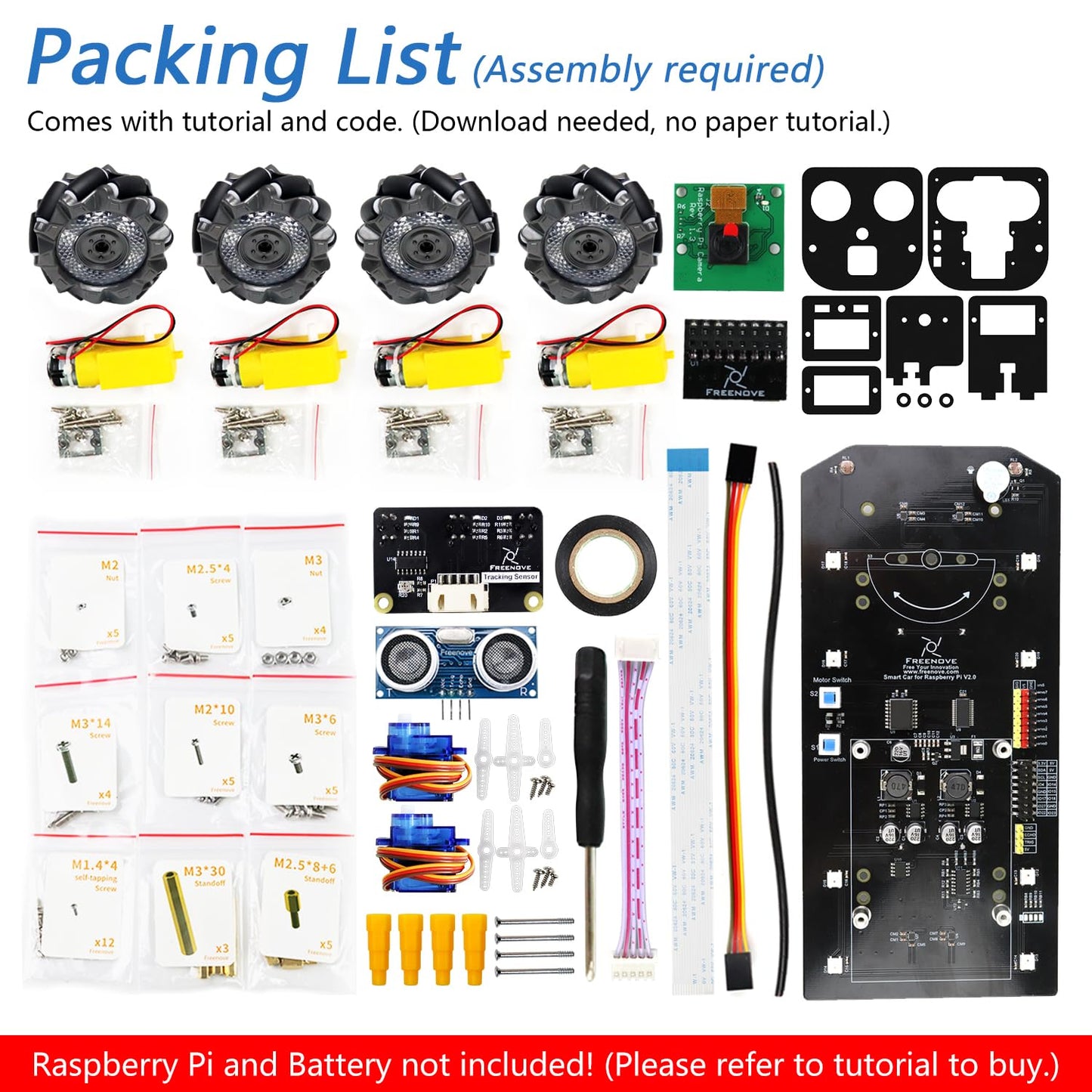 Freenove Mecanum Wheel Car Kit for Raspberry Pi 5 4 B 3 B+ B A+, Face Tracking, Line Tracking, Light Tracing, Obstacle Avoidance, App Control, Camera, Servo (Raspberry Pi NOT Included)