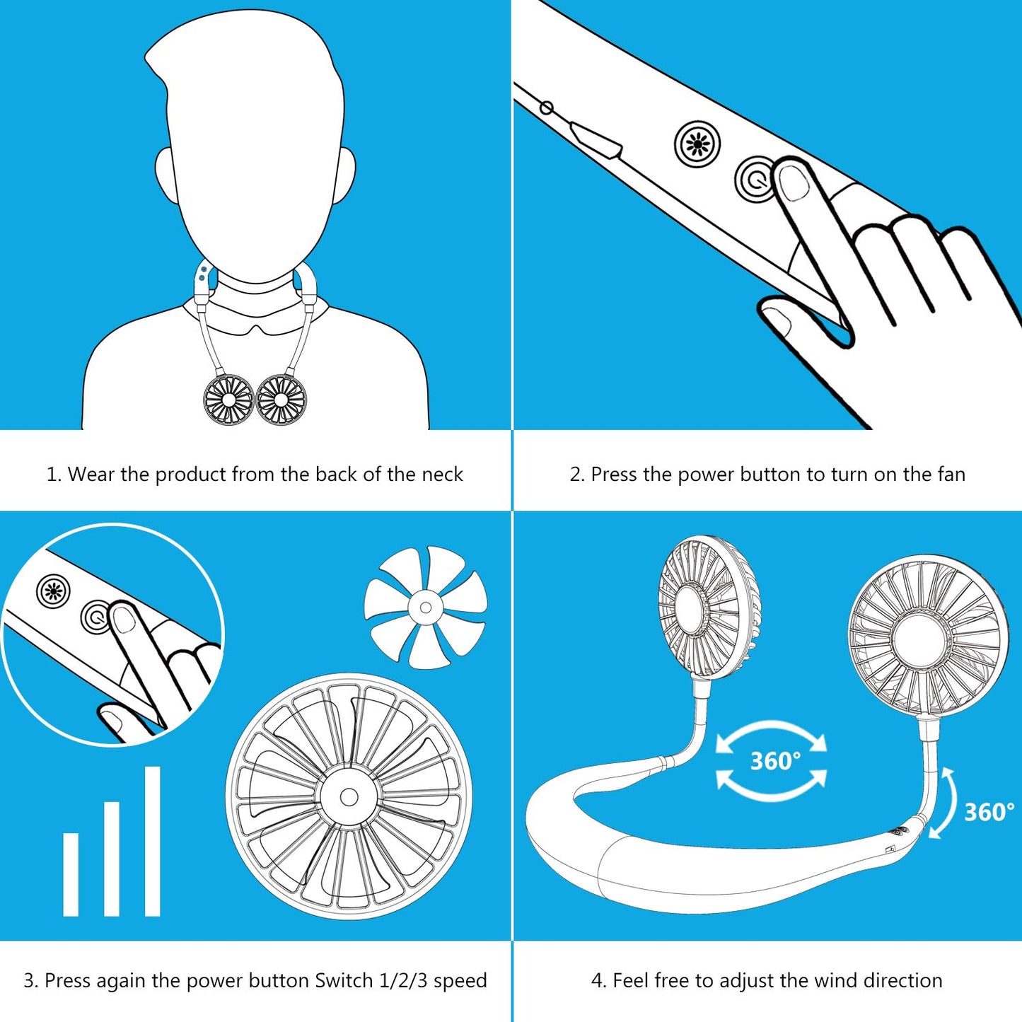 Ultra-light neck fan, USB neck fan, neck fan, quiet, 3 speeds, LED light, portable neck fan for outdoor, indoor, camping, travel, sports - black & blue.
