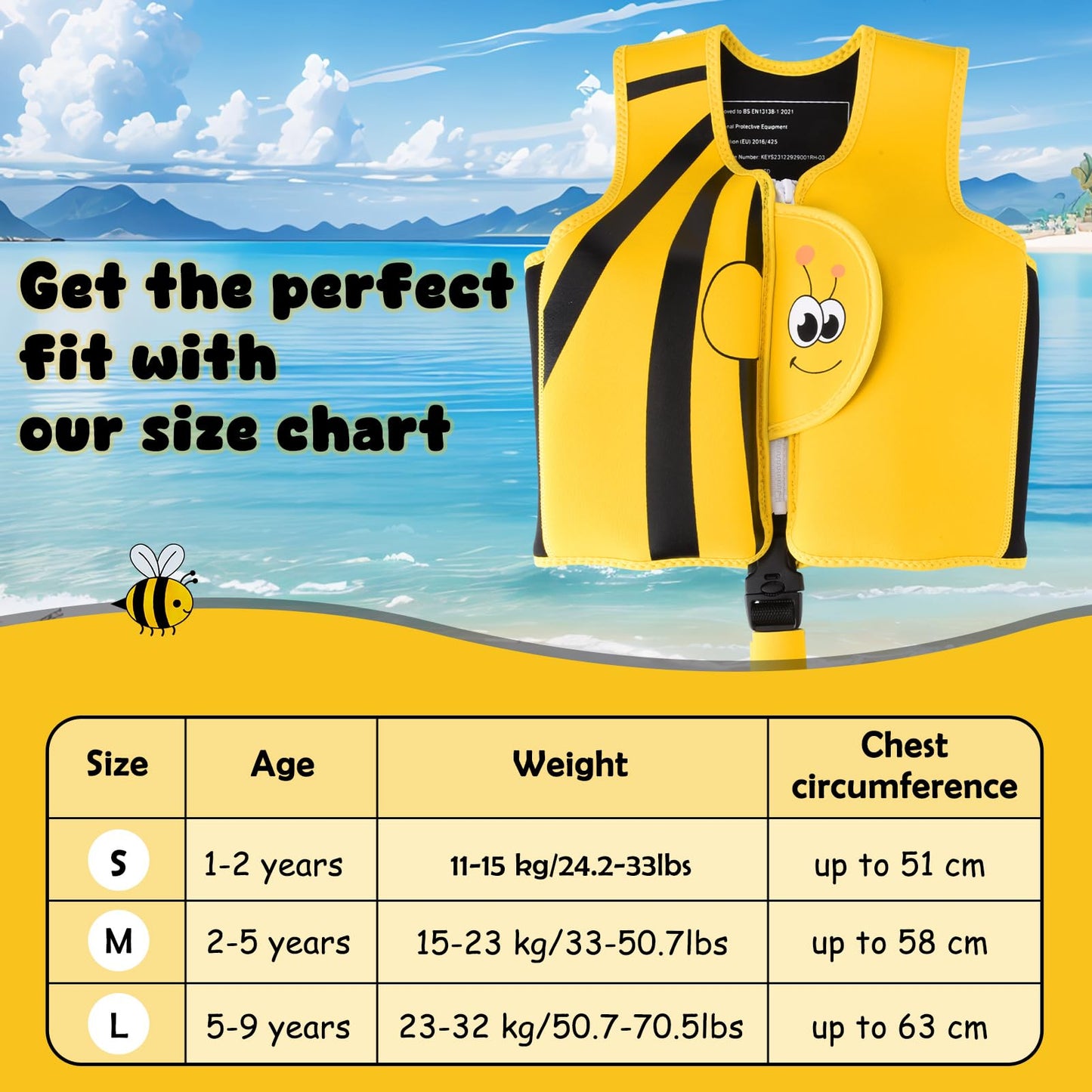 Fuqiduo Kids Neoprene & EPE Swim Vest, with Adjustable Crotch Strap for Girls/Boys Water Sports.