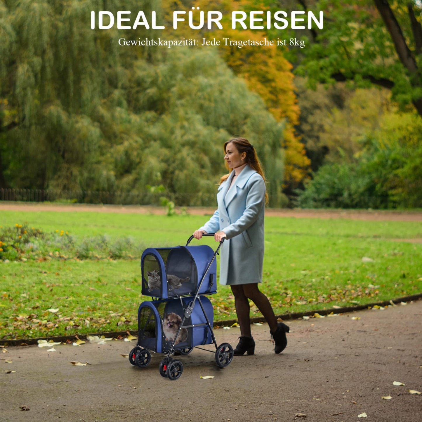 COSTWAY 2-Tier Dog Stroller Pets Stroller up to 16kg, Dog Stroller with Mesh Windows & Cup Holder & Trailer, Cat Stroller for 2 Small Dogs Cats (Blue)