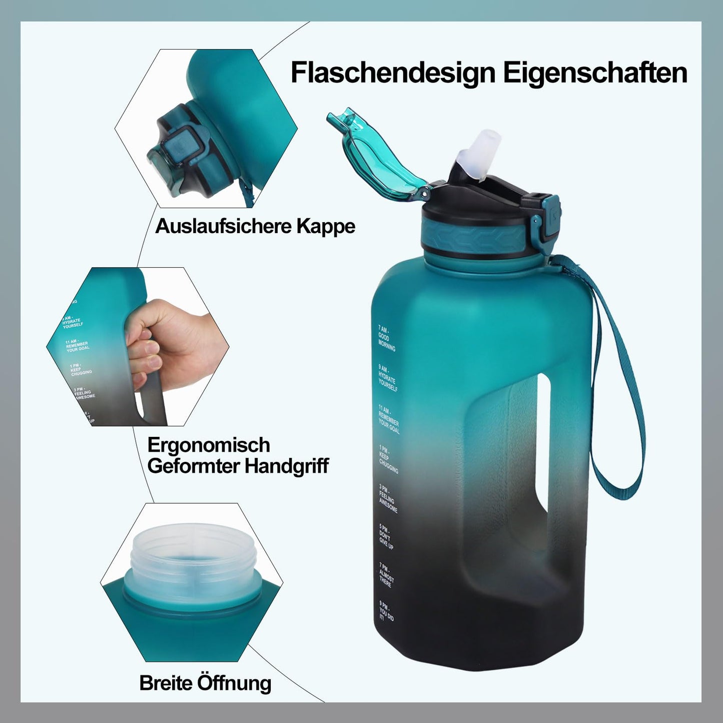 GLEKGLEK Large Water Bottle 2.2 Liters, Sports Bottle Gym with Time Markings for Work Exercise Camping (Green Black)