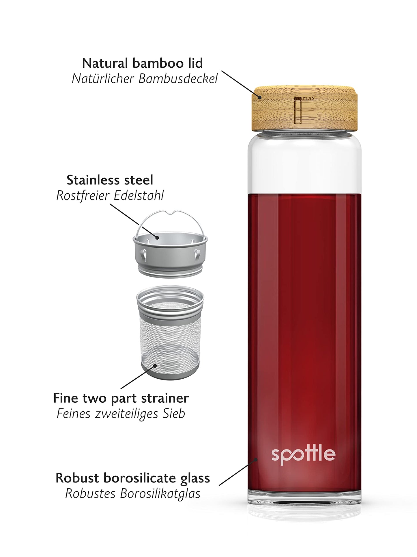 Spottle tea bottle glass 1 liter with infuser - tea kettle to go - glass bottle with tea infuser and protective cover for loose tea & infused water, BPA-free, leak-proof, dishwasher safe.